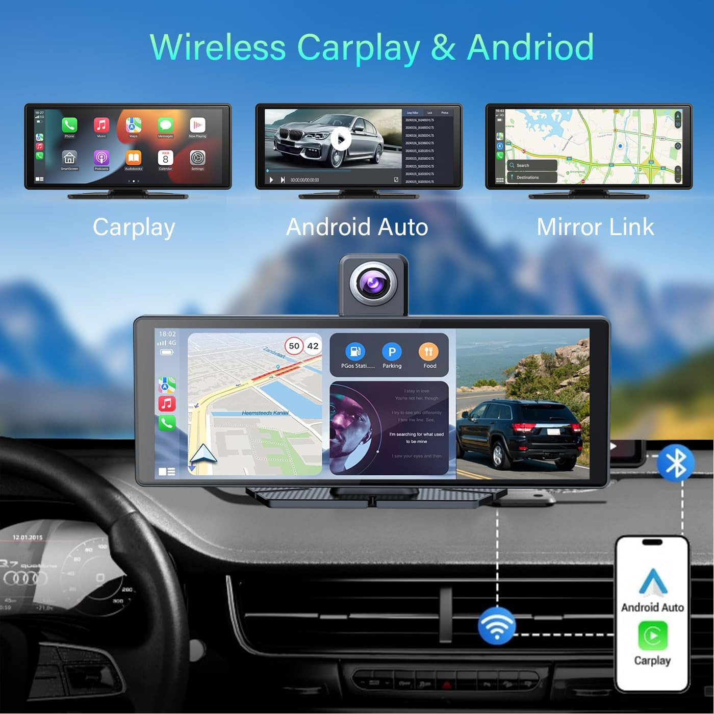 10.26″ Wireless Portable Carplay Screen Carplay & Android Auto Car Stereo 360 Ro
