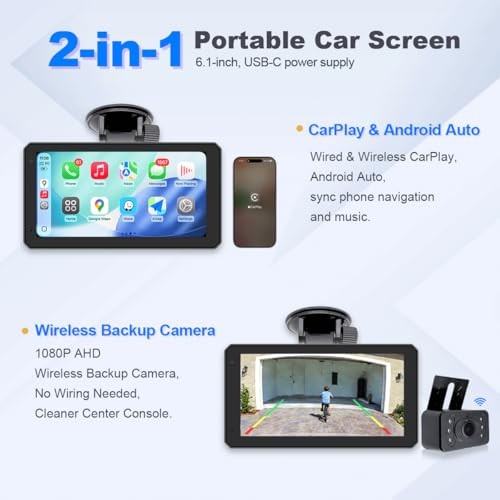 6.1 Inch Portable Car Screen, Wireless & Wired CarPlay Android Auto, 1080P