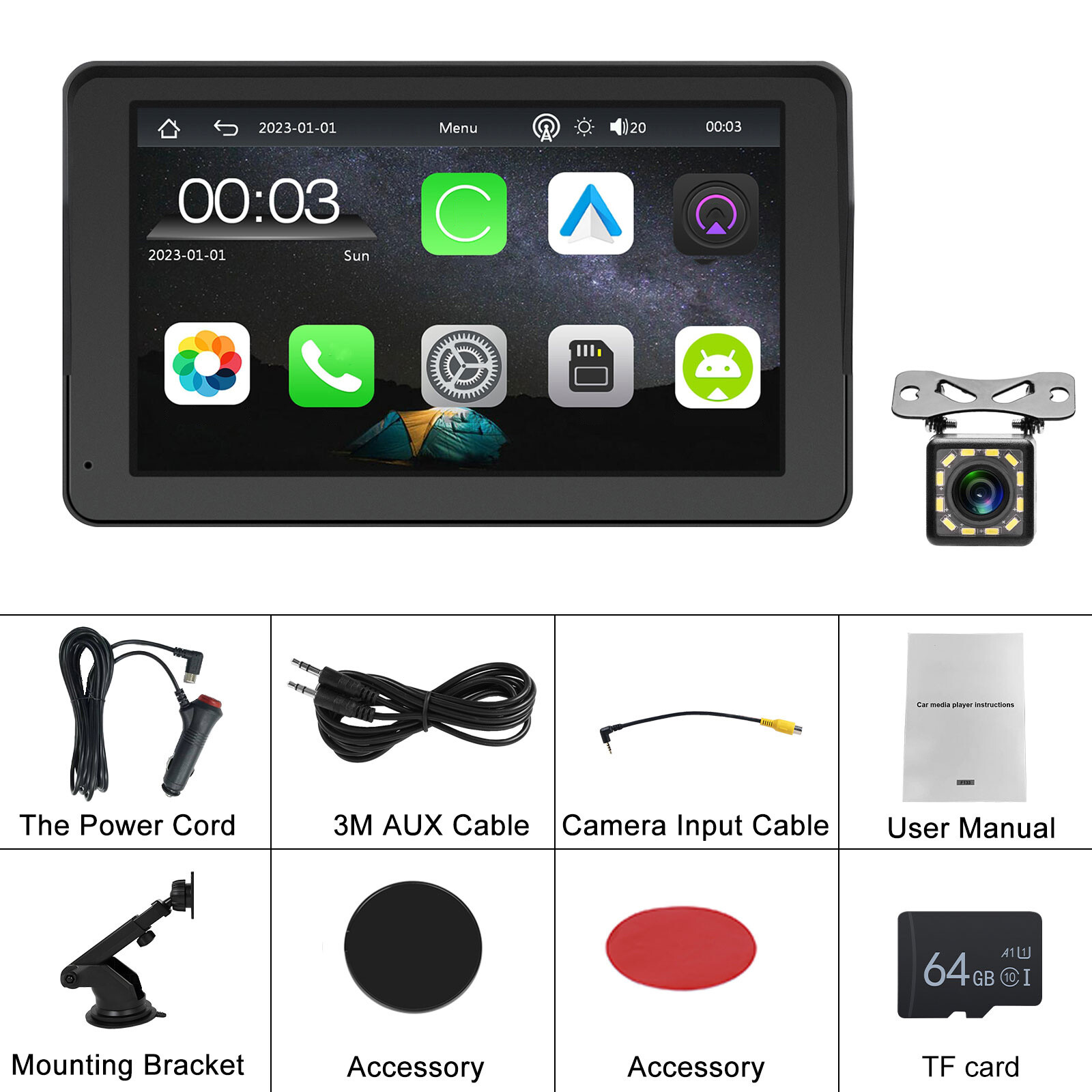 7″ Portable Car Stereo Wireless Apple CarPlay Android Auto BT GPS Radio + Camera