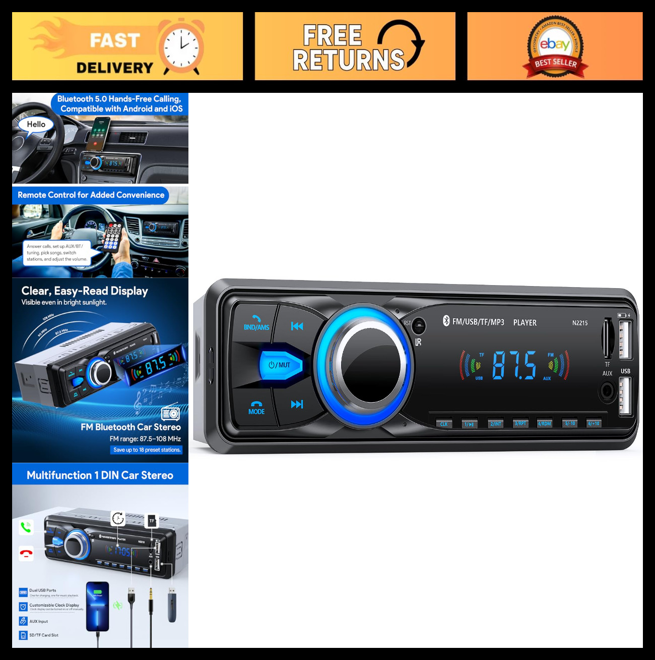 Bluetooth Car Stereo Single DIN, Hands-Free FM Radio, USB/AUX/SD/MP3 Player