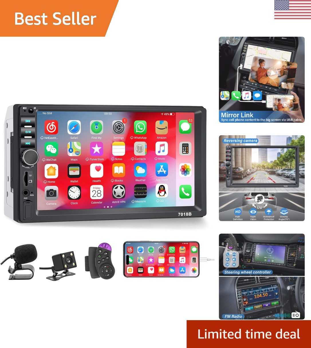 Double Din MP5 Player: 7-Inch Touchscreen with Backup Camera & USB/TF Support