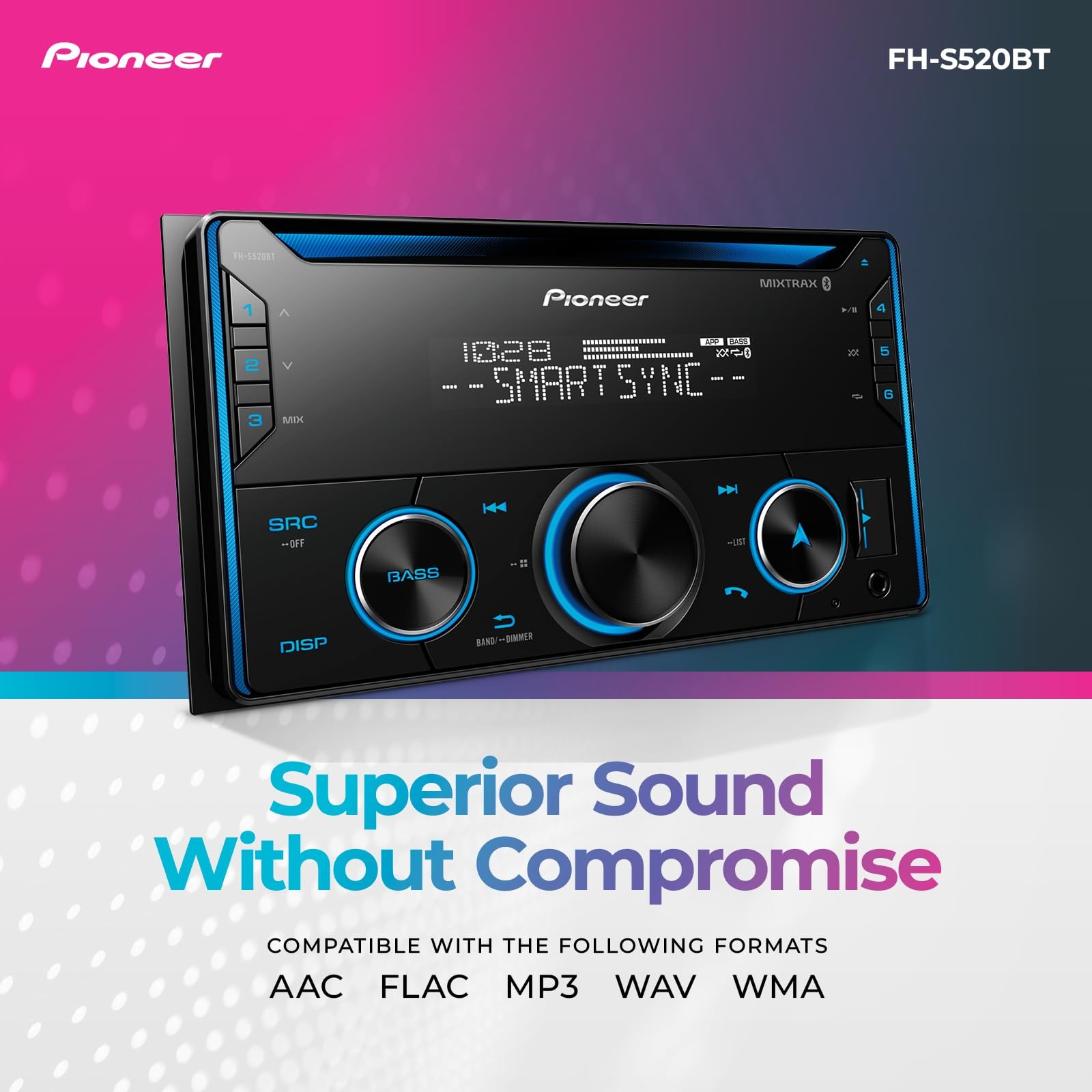 Pioneer FH-S520BT Double Din CD Receiver – Bluetooth, One Size, Black