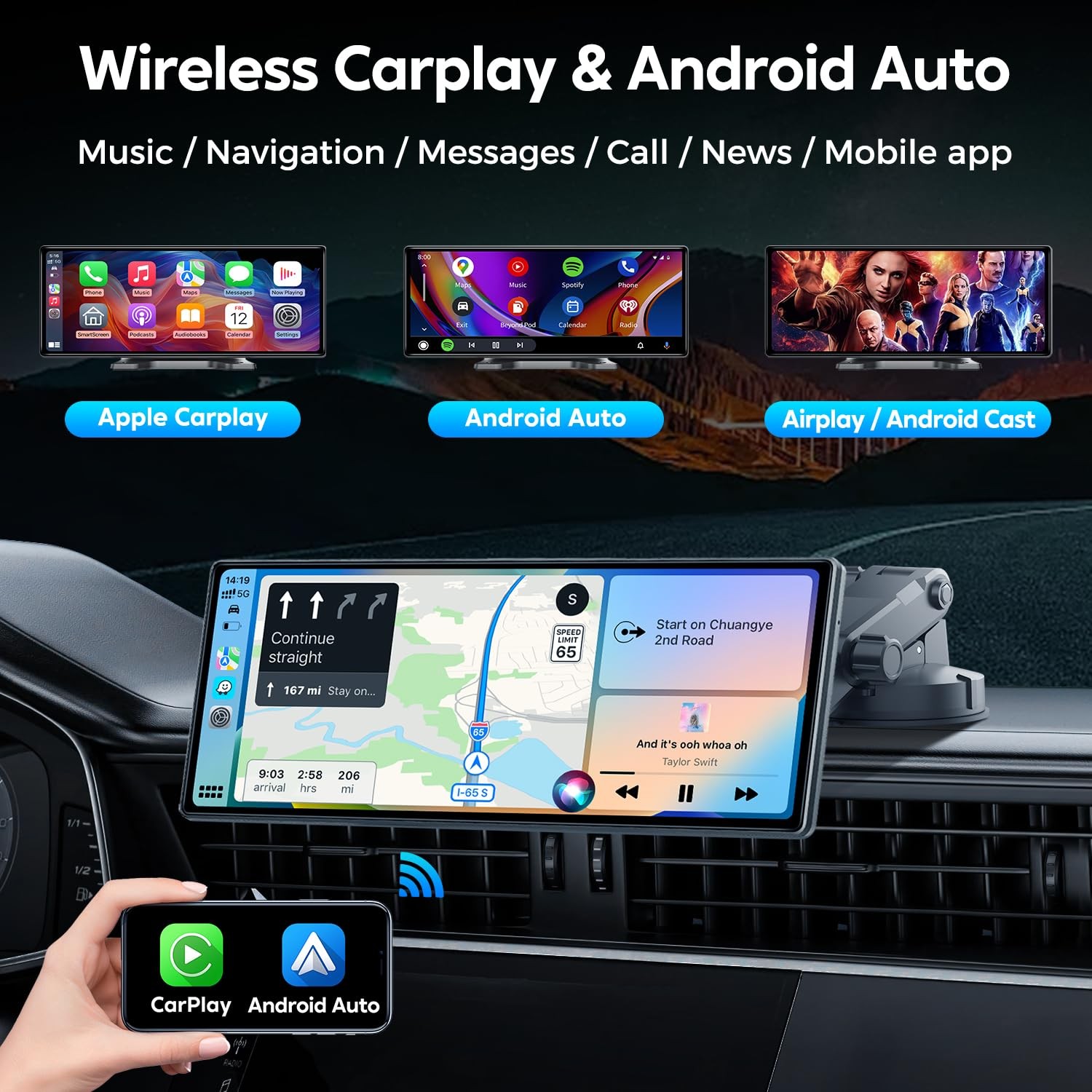 JATAZA 10.26″ Wireless Apple Carplay Screen for Car, Secure Strong Bracket