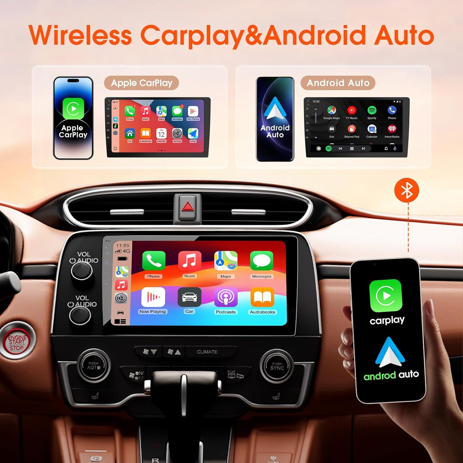 Double Din Car Stereo, 10.1″ HD Touchscreen with Wireless Apple Carplay & Androi