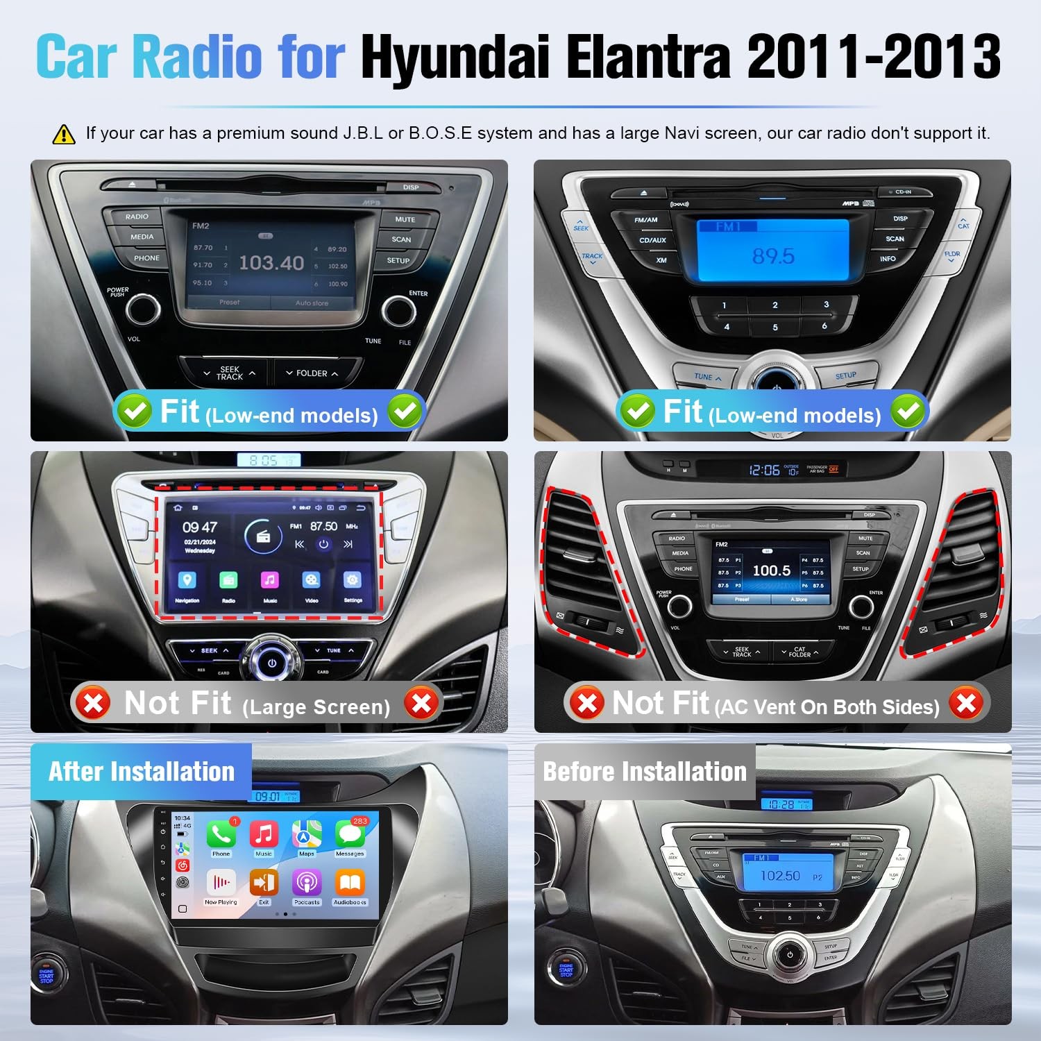 9″ 8 Core Wireless Carplay Android Auto Stereo for 2011-2013 Hyundai Elantra