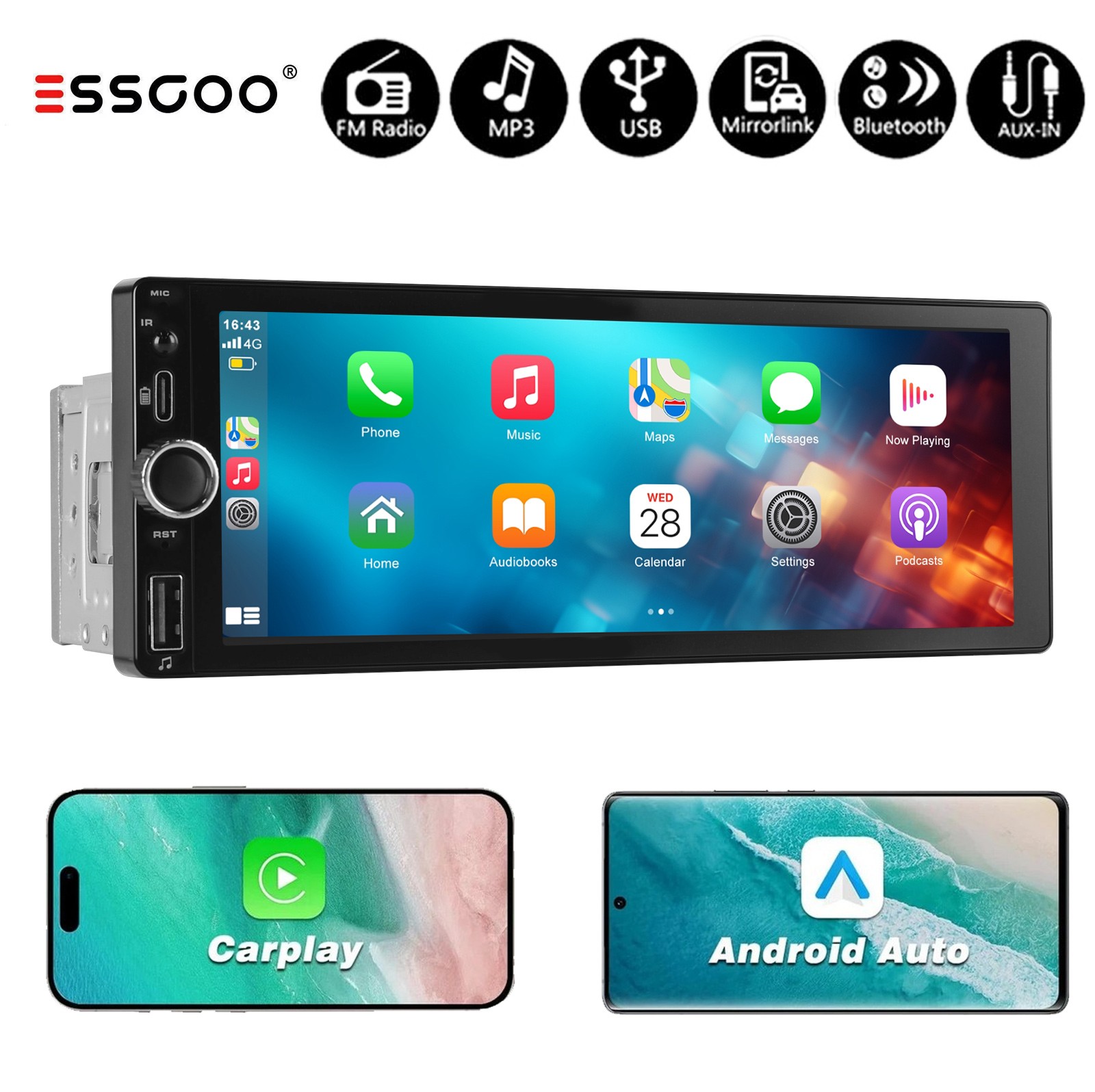 6.86″ Apple Carplay/Android Auto 1 DIN Bluetooth Car Stereo Radio USB Playback