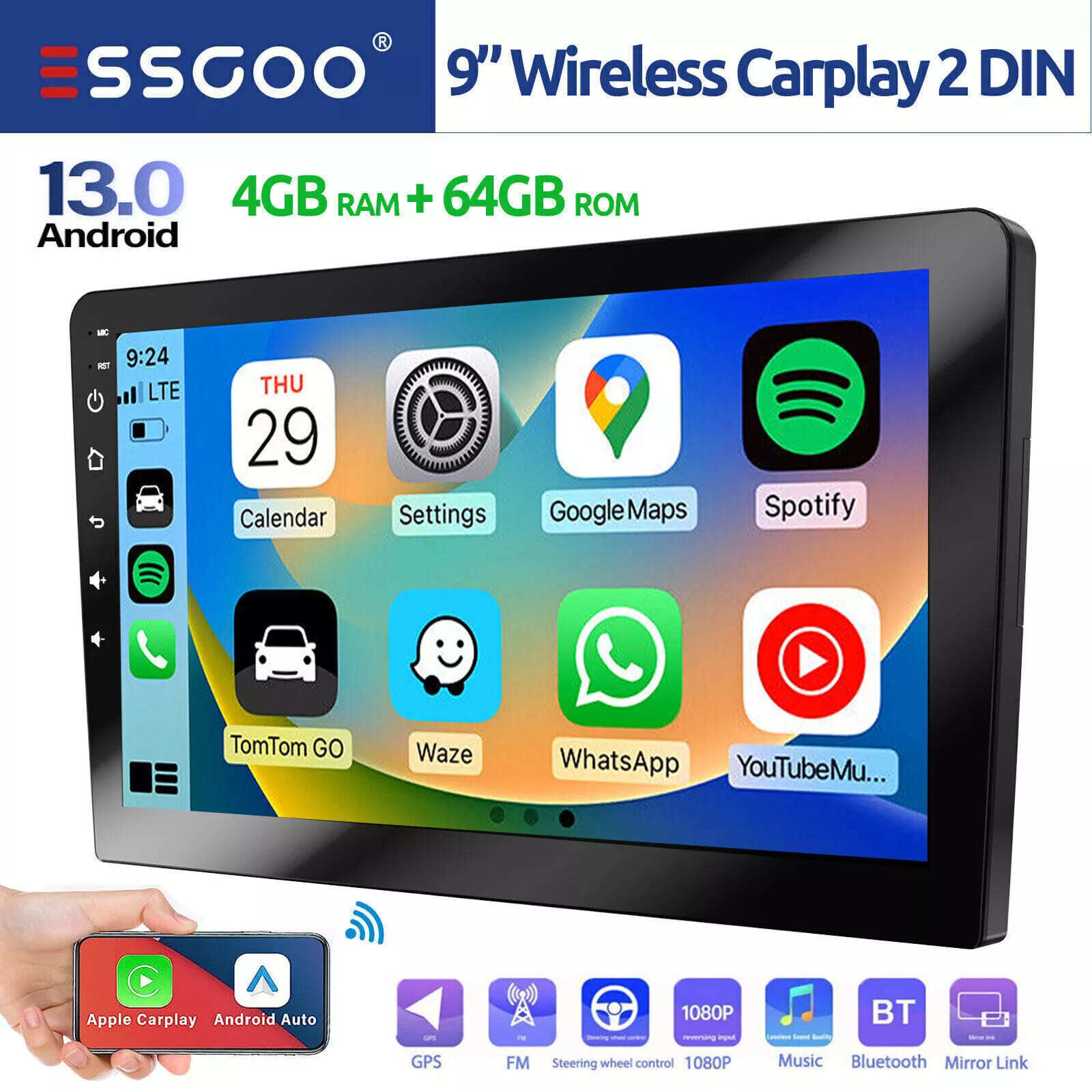 9″ Portable Wireless Apple Carplay/Android Auto Car Stereo Head Unit BT FM GPS