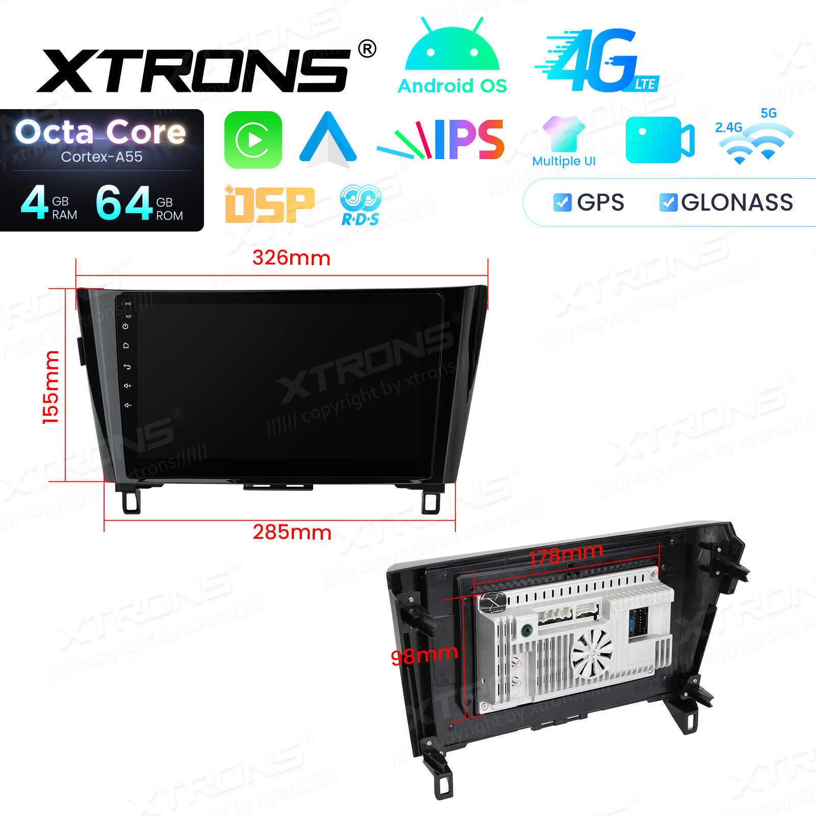10.1″ Android Radio for Nissan Rogue 2014-2018 8-Core 4GB+64GB BT 4G LTE CarPlay