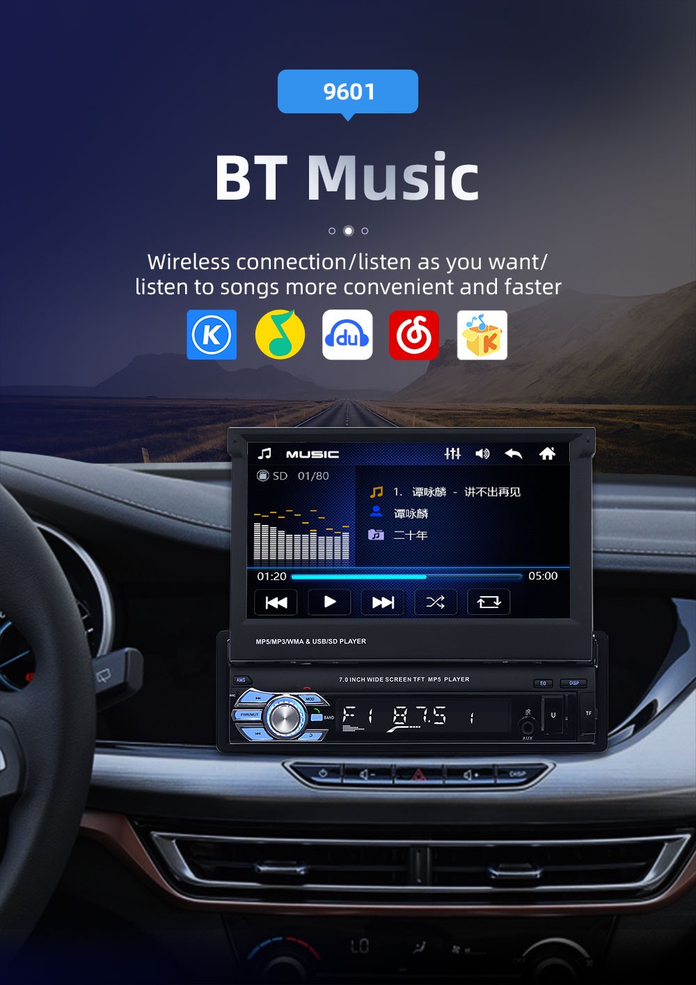 7″ Single 1DIN Car Stereo Radio Flip Out Touch Screen Bluetooth MP5 Player USB