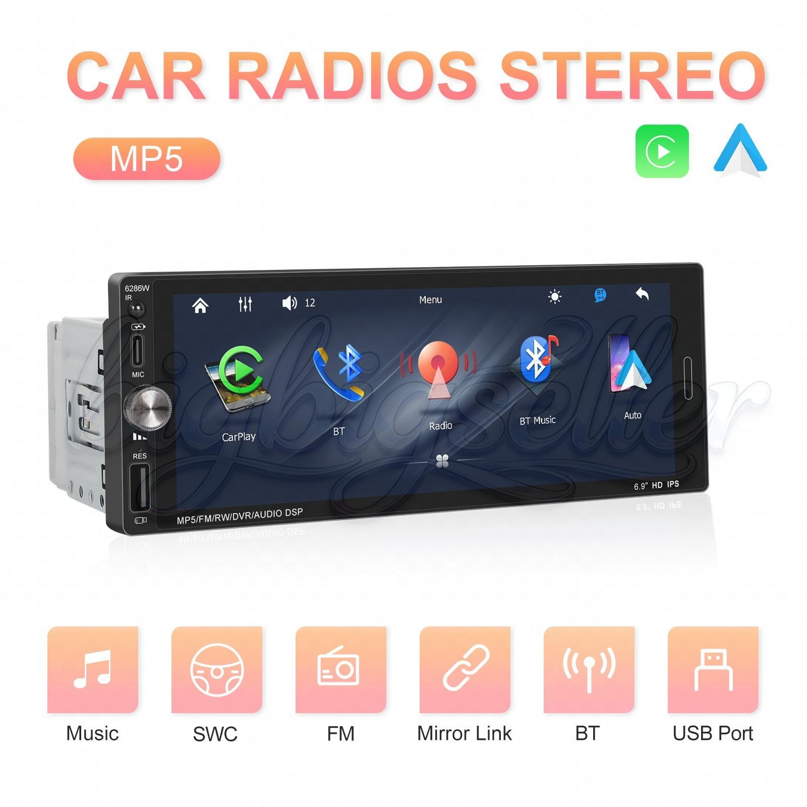 Single 1 Din Car Stereo Wireless CarPlay 6.8″ Touchscreen Bluetooth Radio FM USB