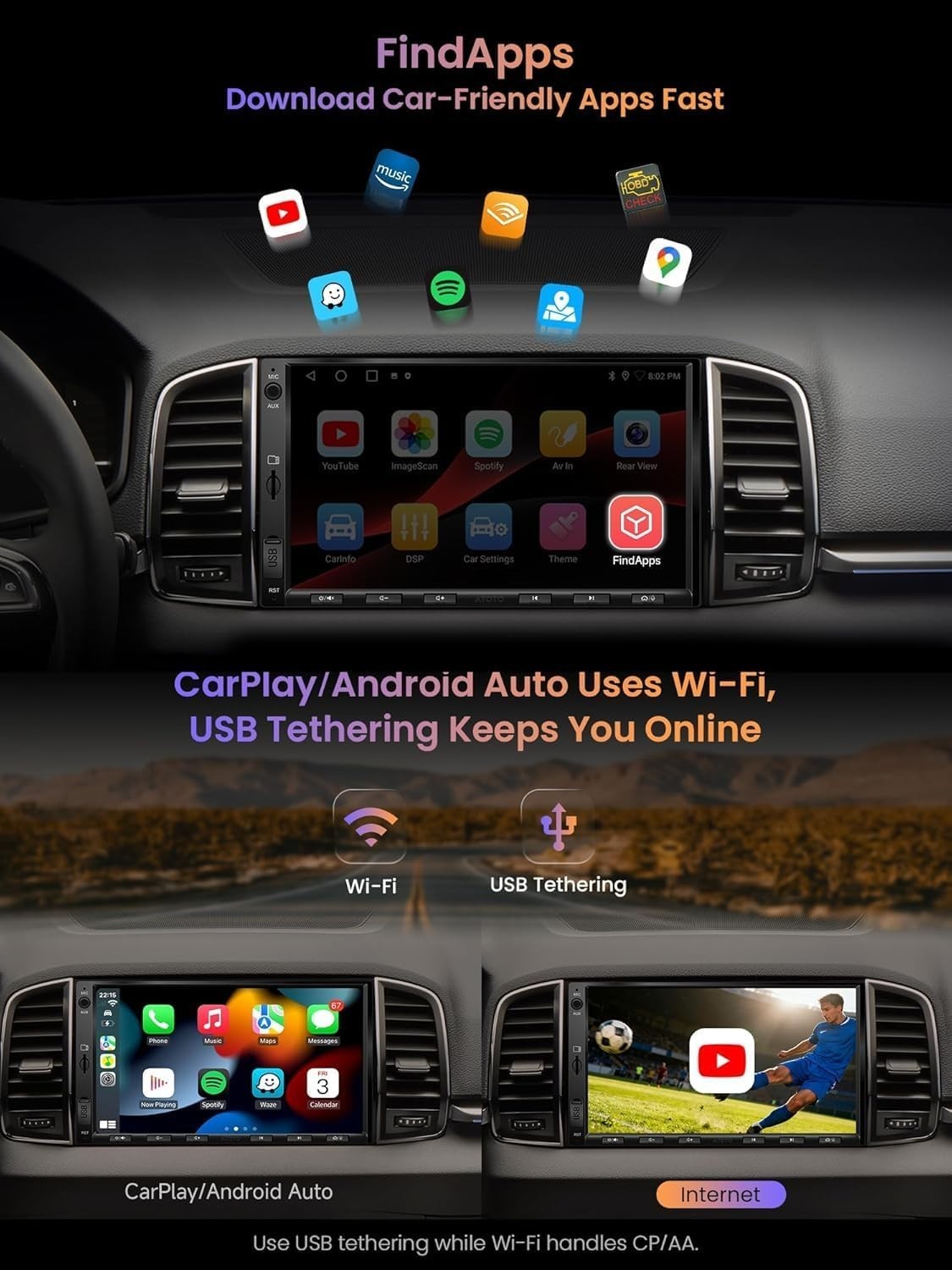 Wireless CarPlay Android Auto Car Stereo 2+32GB Touchscreen