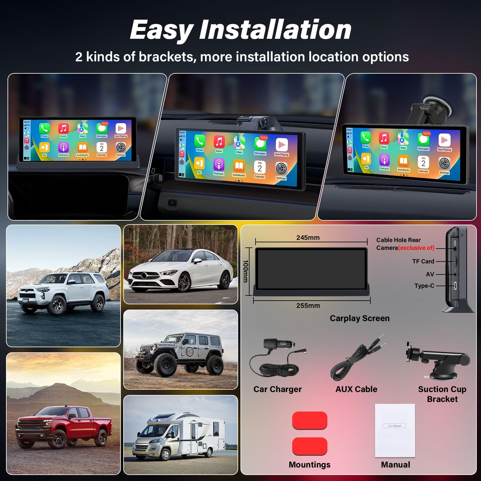 Pantalla Tactil 10″ Carplay Android Portátil Bluetooth Estereo Para Carro Coche