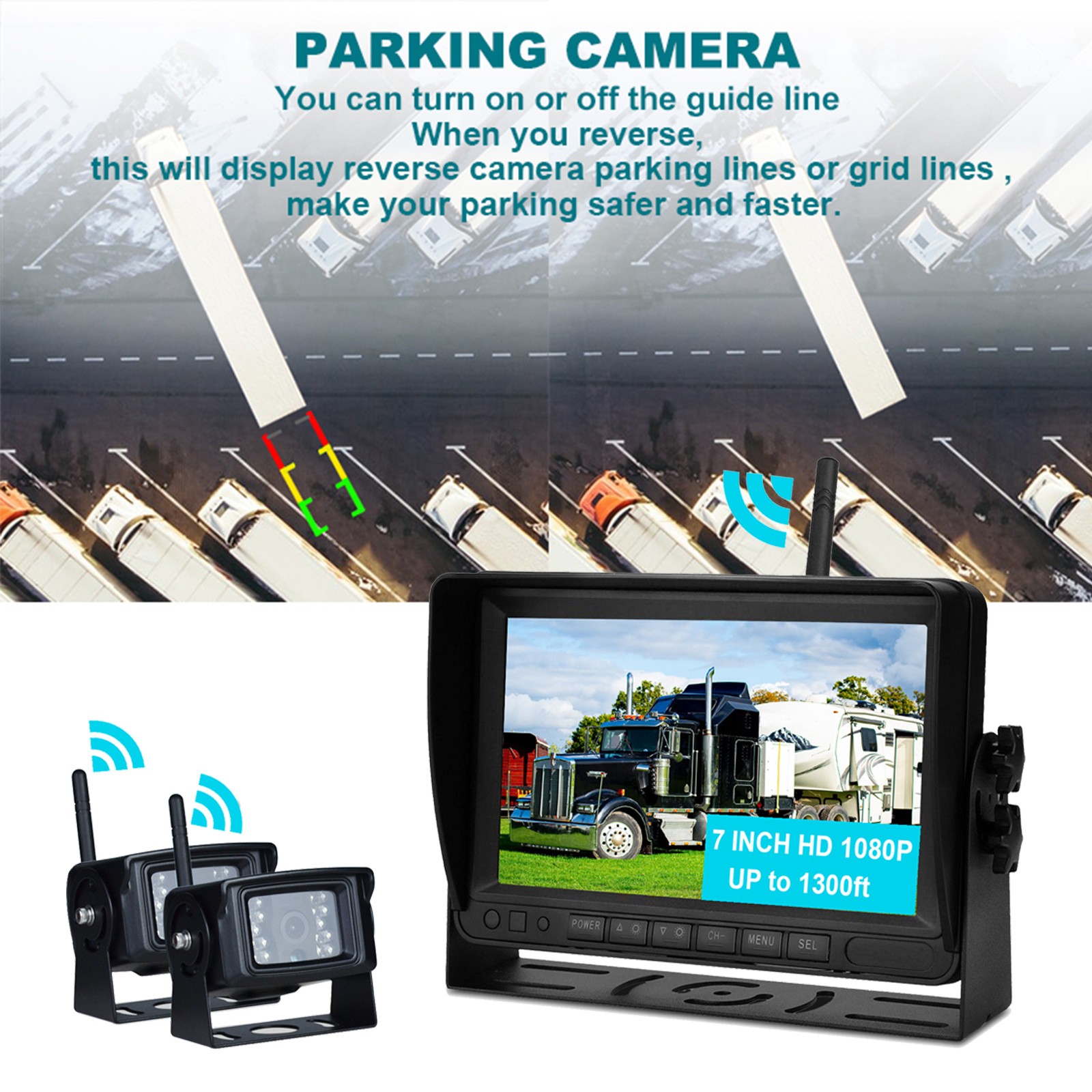 7″ Wireless AHD 1080P Display 2CH Rear View Backup Camera Kit for Truck Trailer