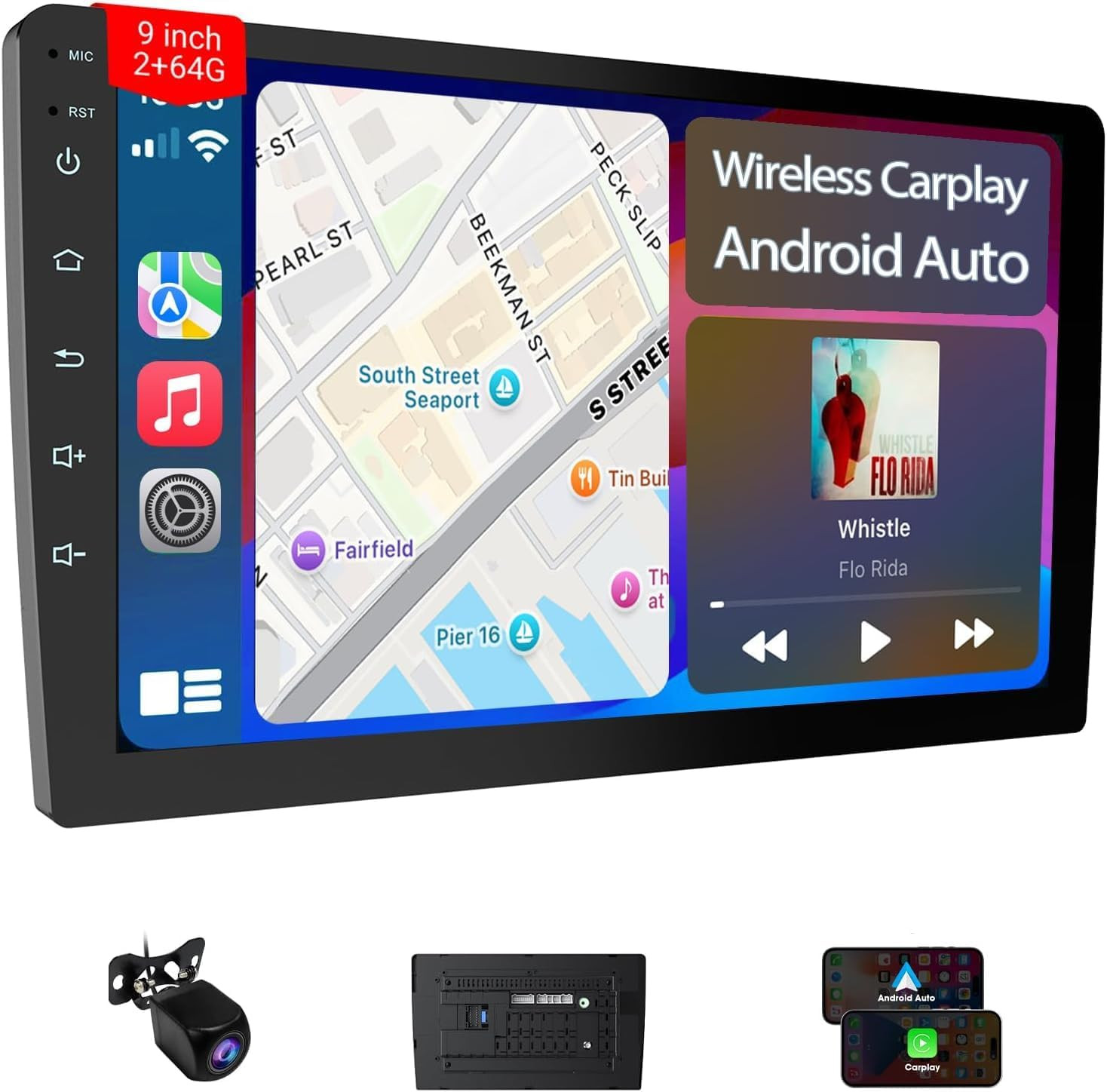 9″ Double Din Car Stereo – 2+64GB Wireless Apple Carplay & Android Auto, HD Touc