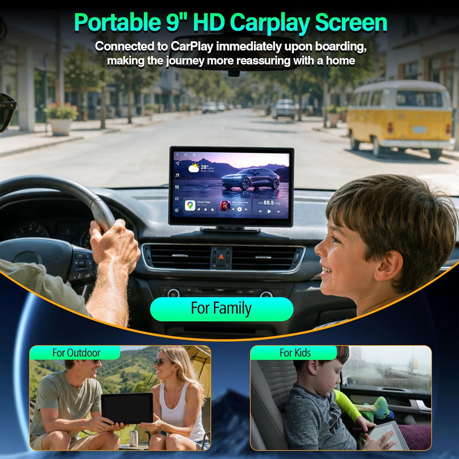 9″ Wireless Apple Carplay Screen for Car, Portable Apple Carplay & Android Auto