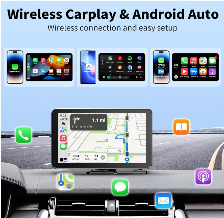 Pantalla CarPlay 9″ inalámbrica con GPS, Bluetooth y manos libres. NUEVO