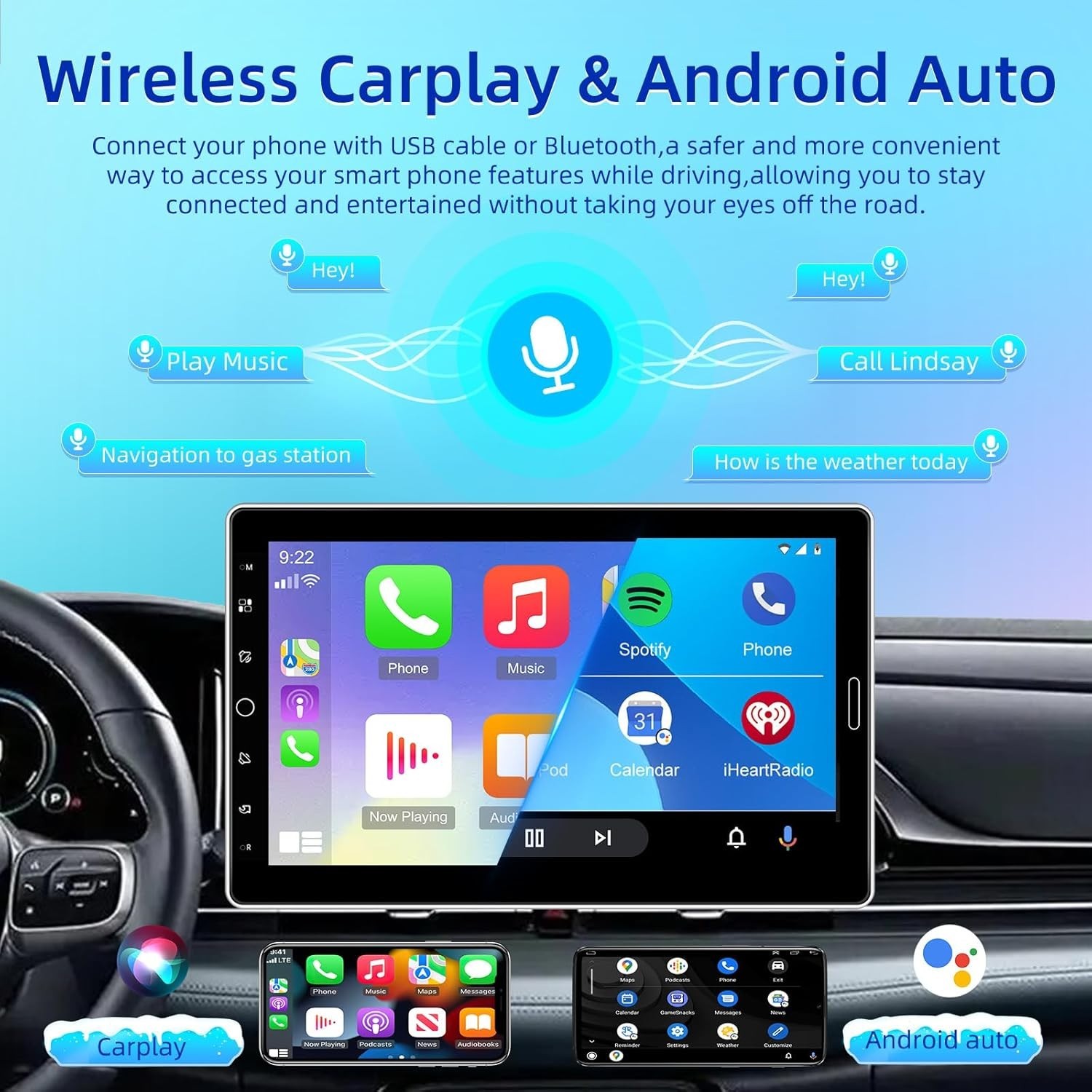 Single Din 10 Inch Touchscreen Car Radio with Wireless Carplay and Android Au…