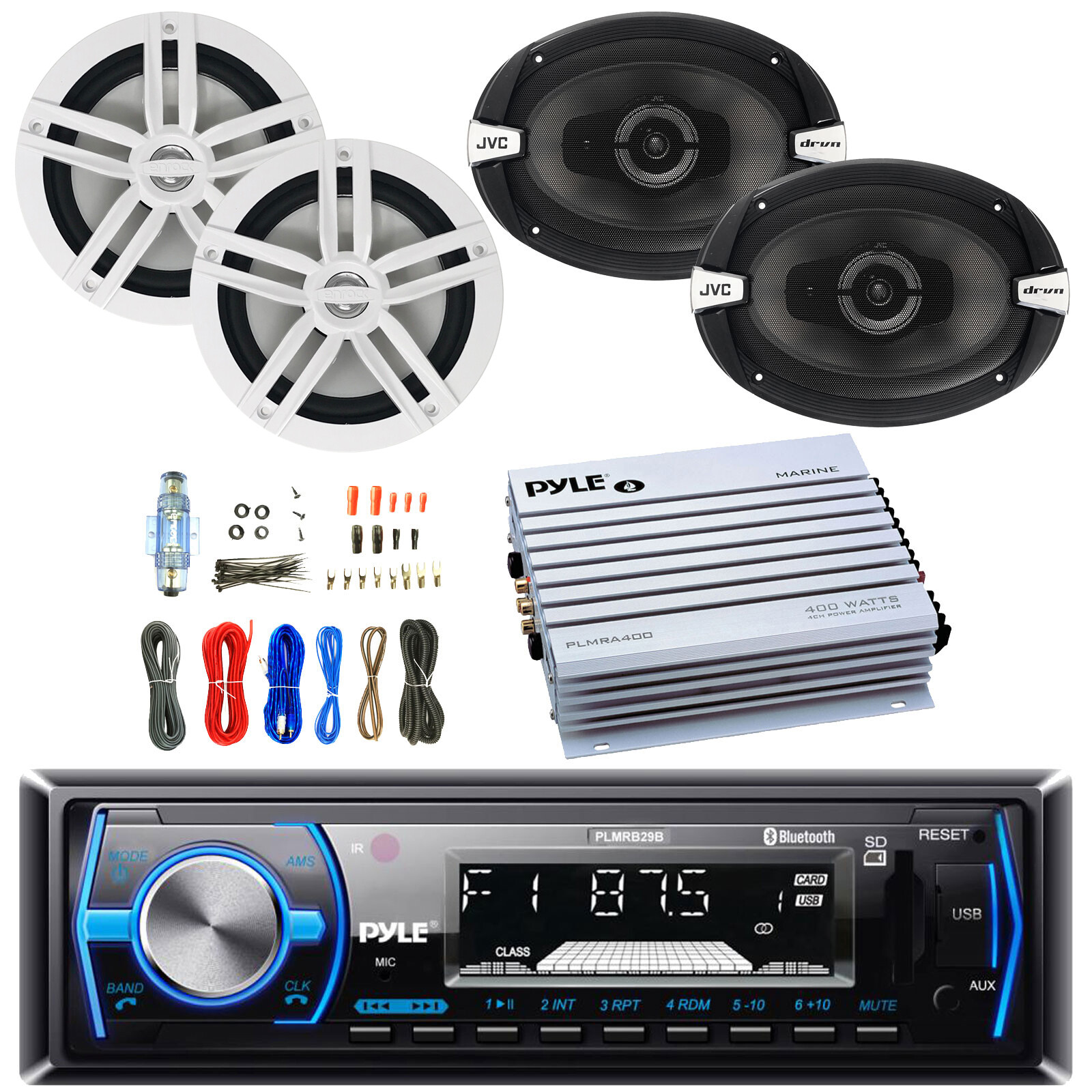 Pyle PLMRB29B Digital Bluetooth Receiver, 6.5″ and 6×9″ Speaker Set, Amplifier
