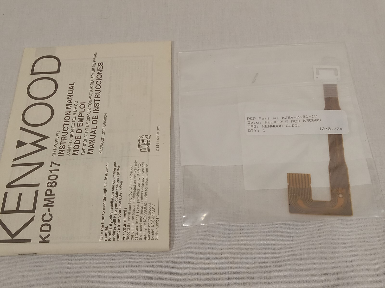 New Genuine Kenwood KJ84-0121-12 Ribbon Flex Cable for KDC-MP8017 w Bonus Manual