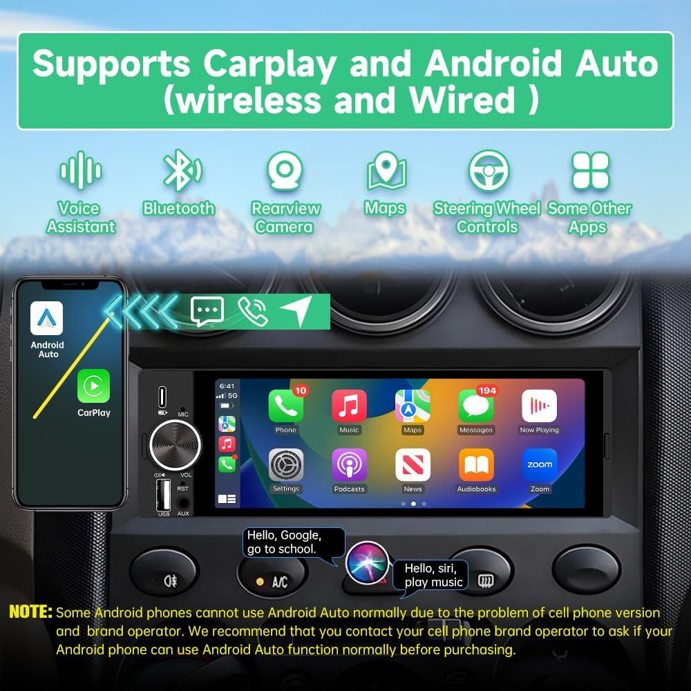 Single Din Car Stereo, 6.36 Inch Carplay & Android Auto HD IPS Touchscreen Radio