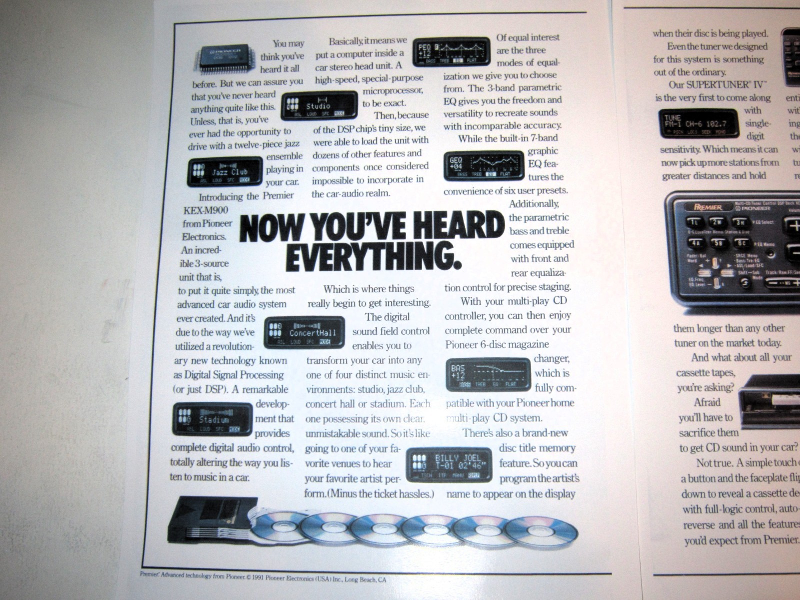 Pioneer Premier KEX-M900 Cassette/EQ/CD Changer AD, 2 pages 1991 – 9″x 11″