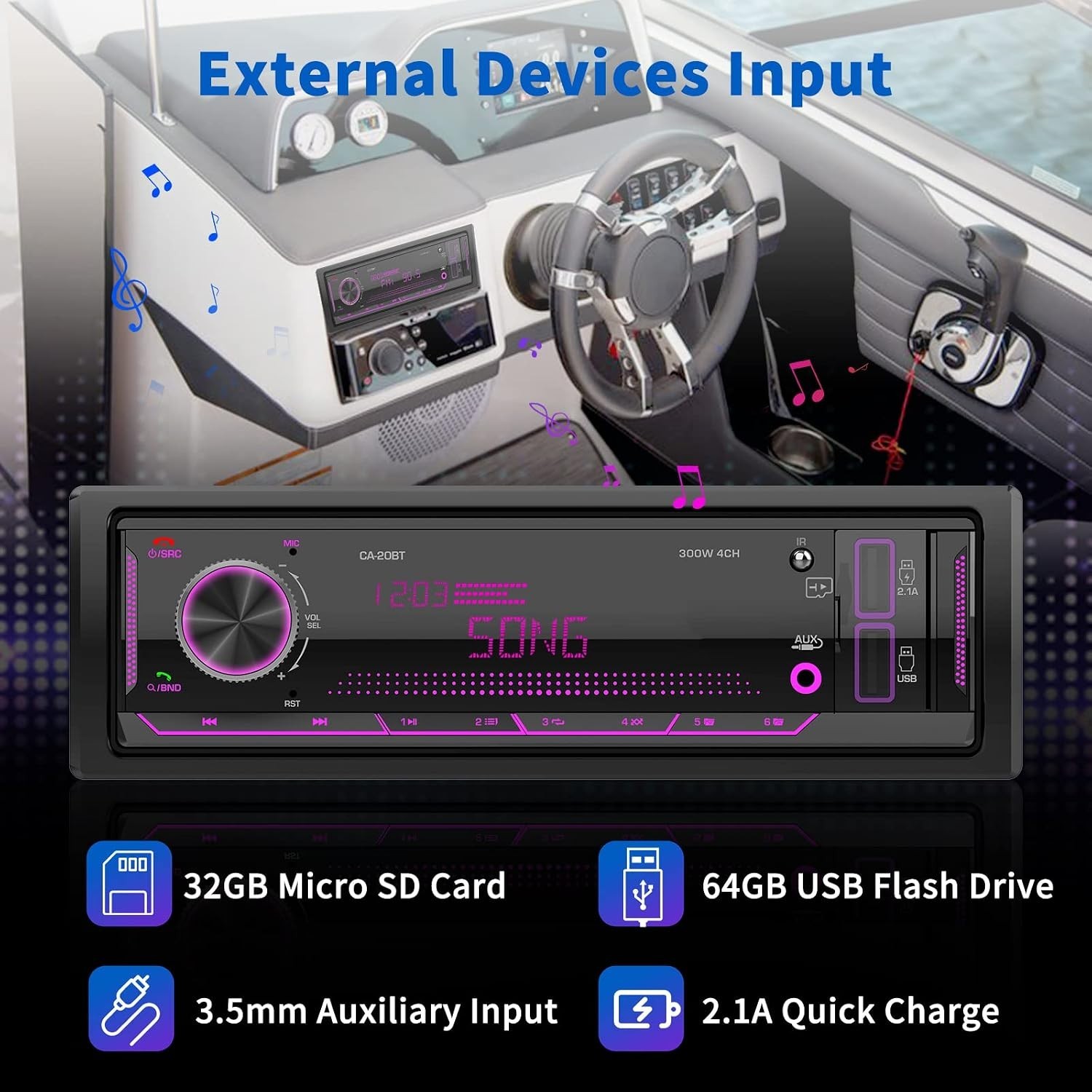 Single Din Bluetooth Car Stereo with 300W Amplifier & LCD Display – Marine Ready