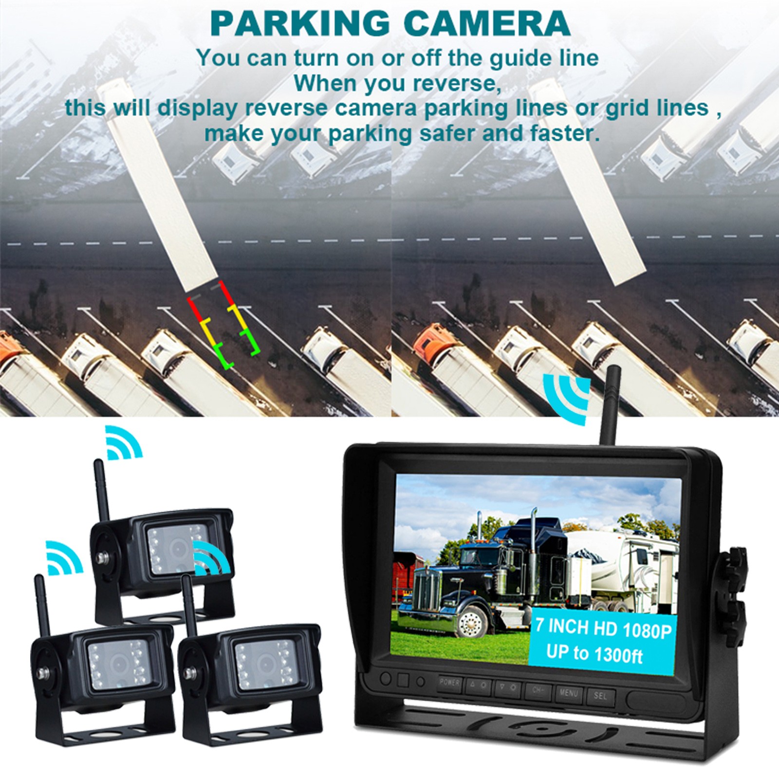 7″ Display Wireless AHD 1080P 3CH Rear View Backup Camera Kit for Truck Trailer