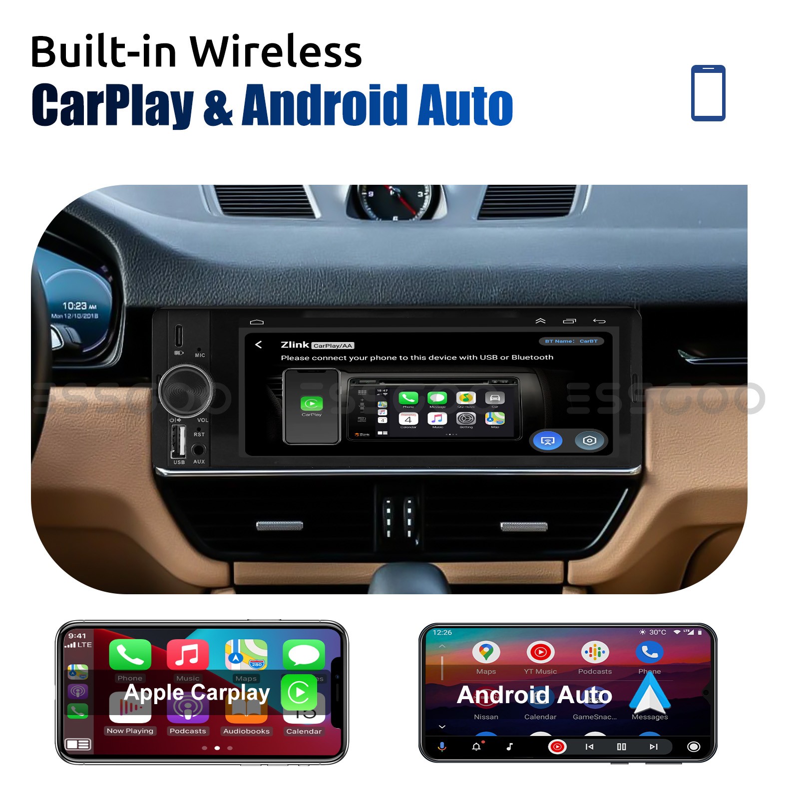 6.36″ Single Din Car Stereo Wireless CarPlay Android Auto Radio Bluetooth MP5 FM