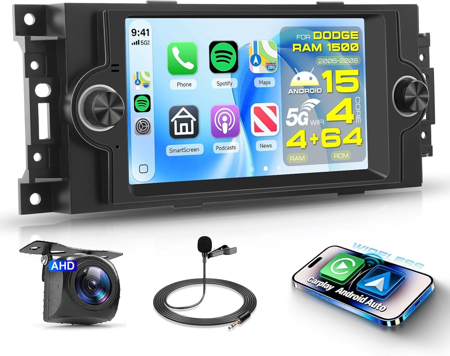 6.2″ 4+64G Android Auto Carplay for 2004-2008 Dodge RAM Jeep Chrysler 300C