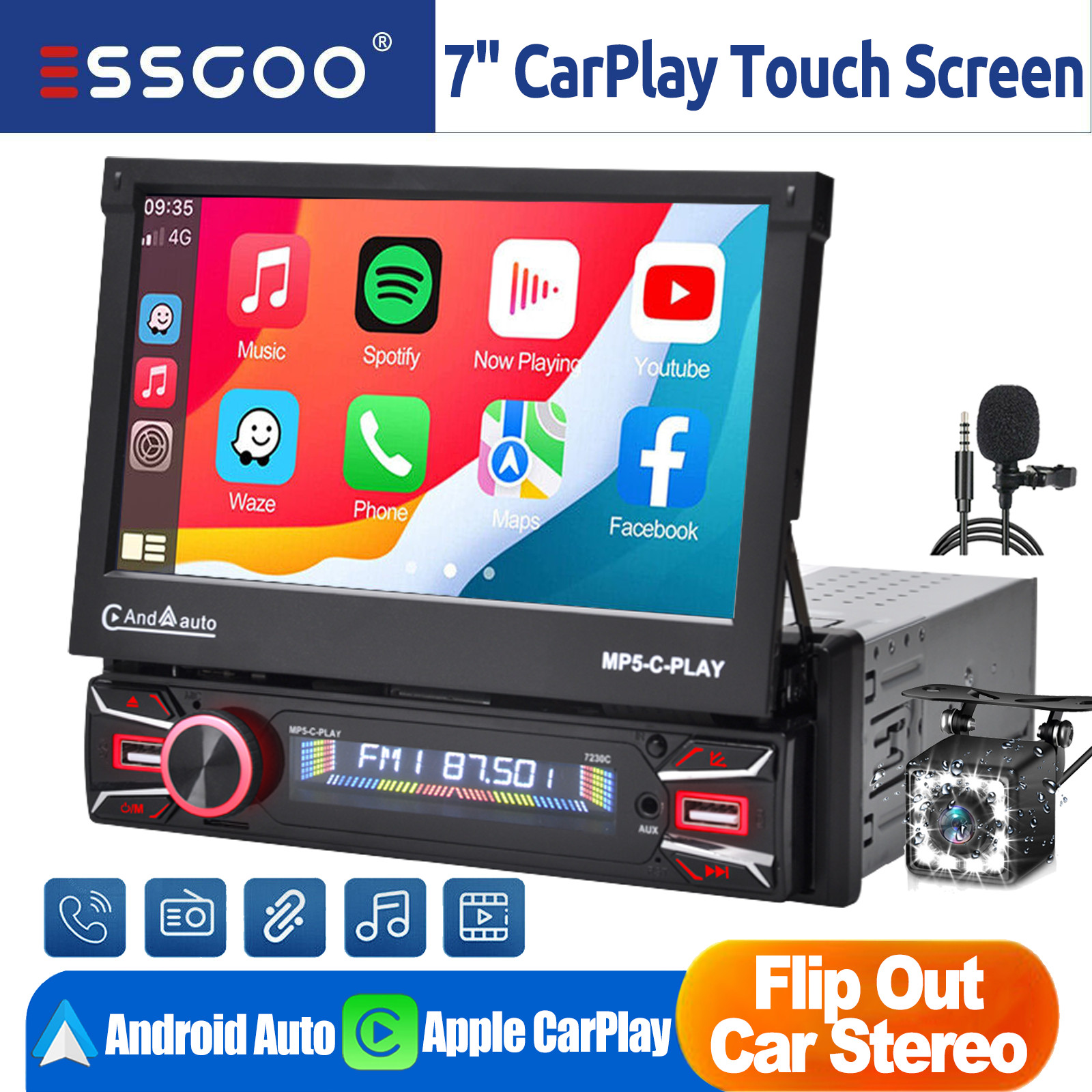 Apple CarPlay Single 1DIN 7″ Flip Out Car Stereo FM Radio USB TF with Camera MIC