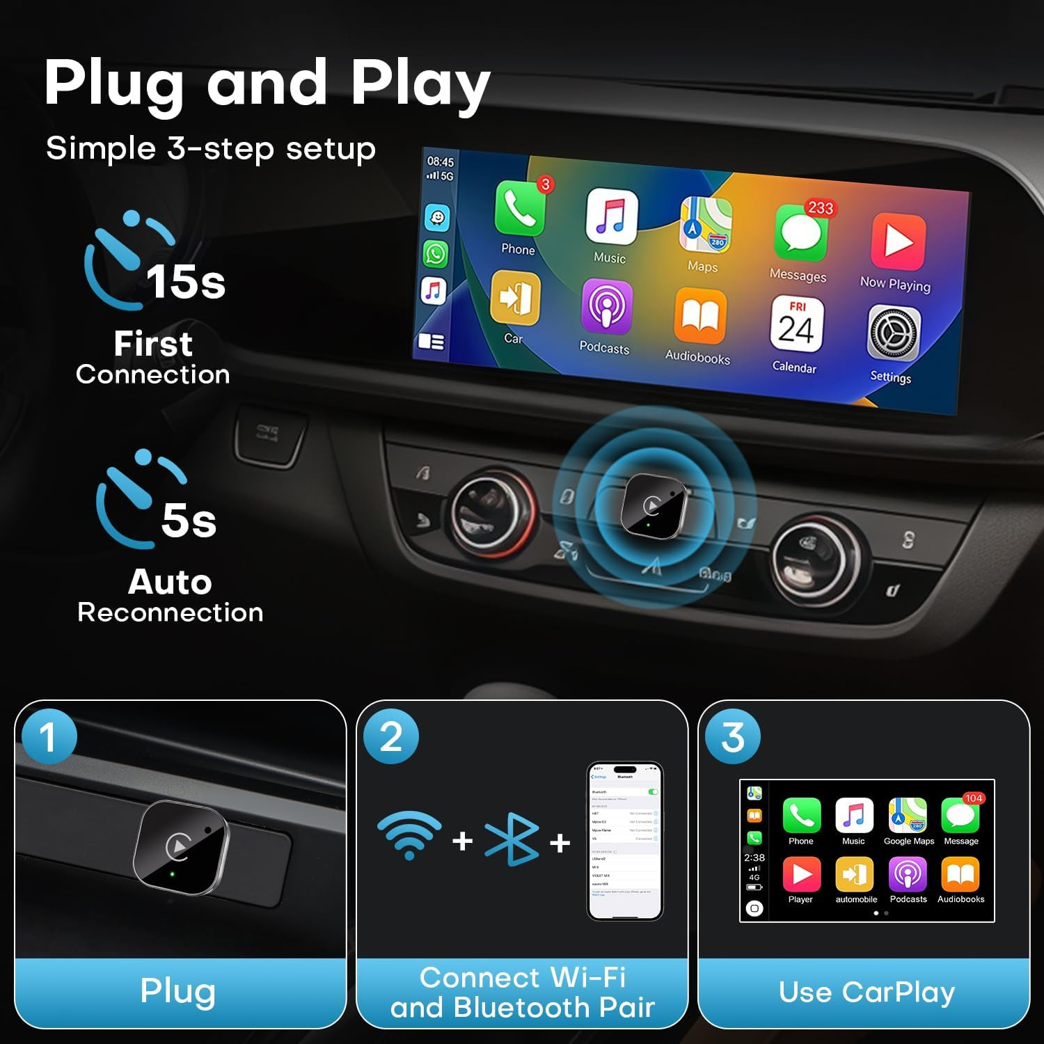 2-In-1 Wireless Carplay & Android Auto Adapter, Plug & Play Carplay Dongle Conve