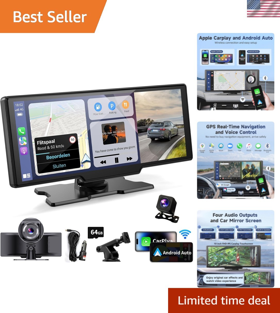 10.26” Wireless CarPlay Touchscreen with 4K Dash Cam & Bluetooth Navigation