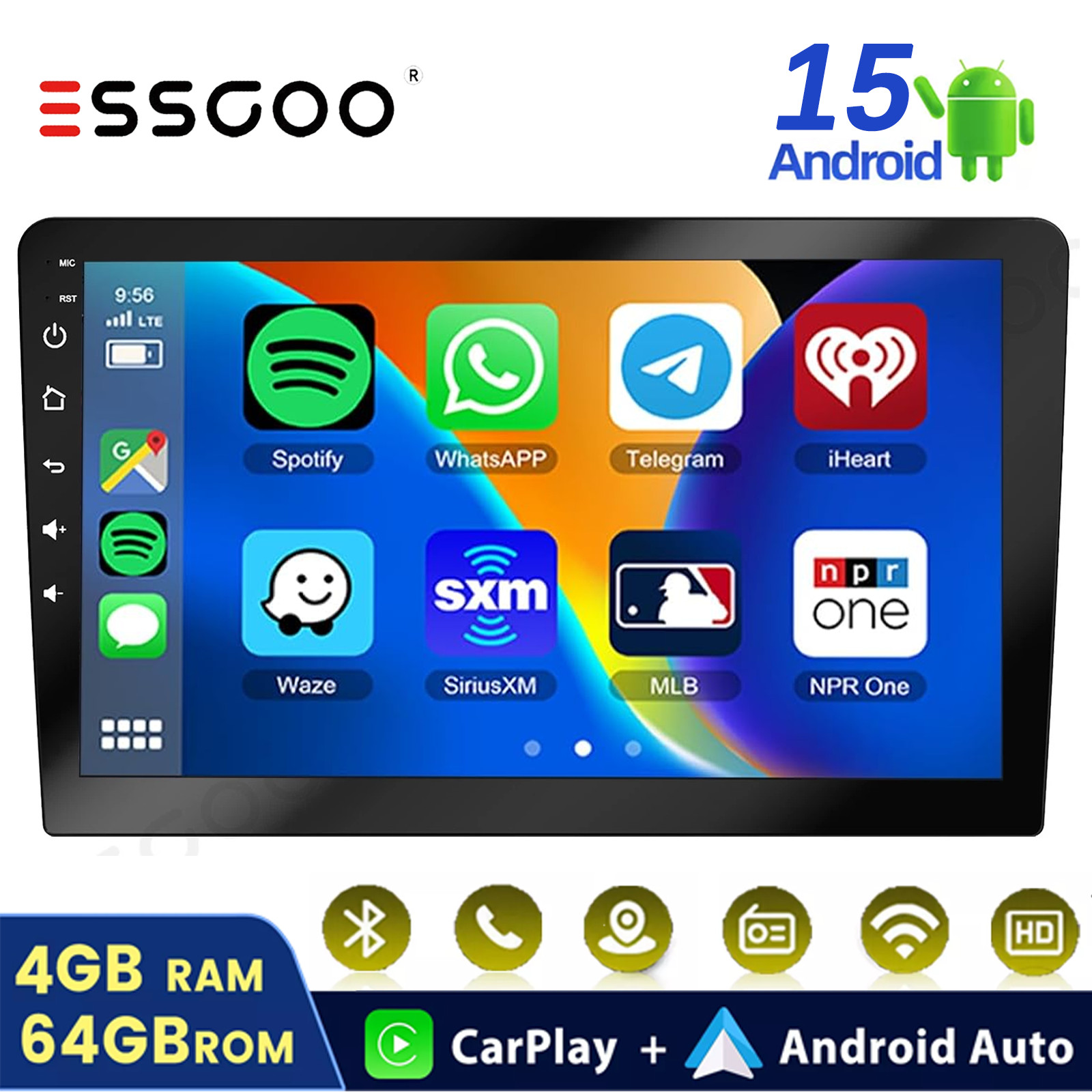 9″ 4G+64G Wireless CarPlay Android 15 Car Stereo Radio WiFi GPS FM/RDS Head Unit