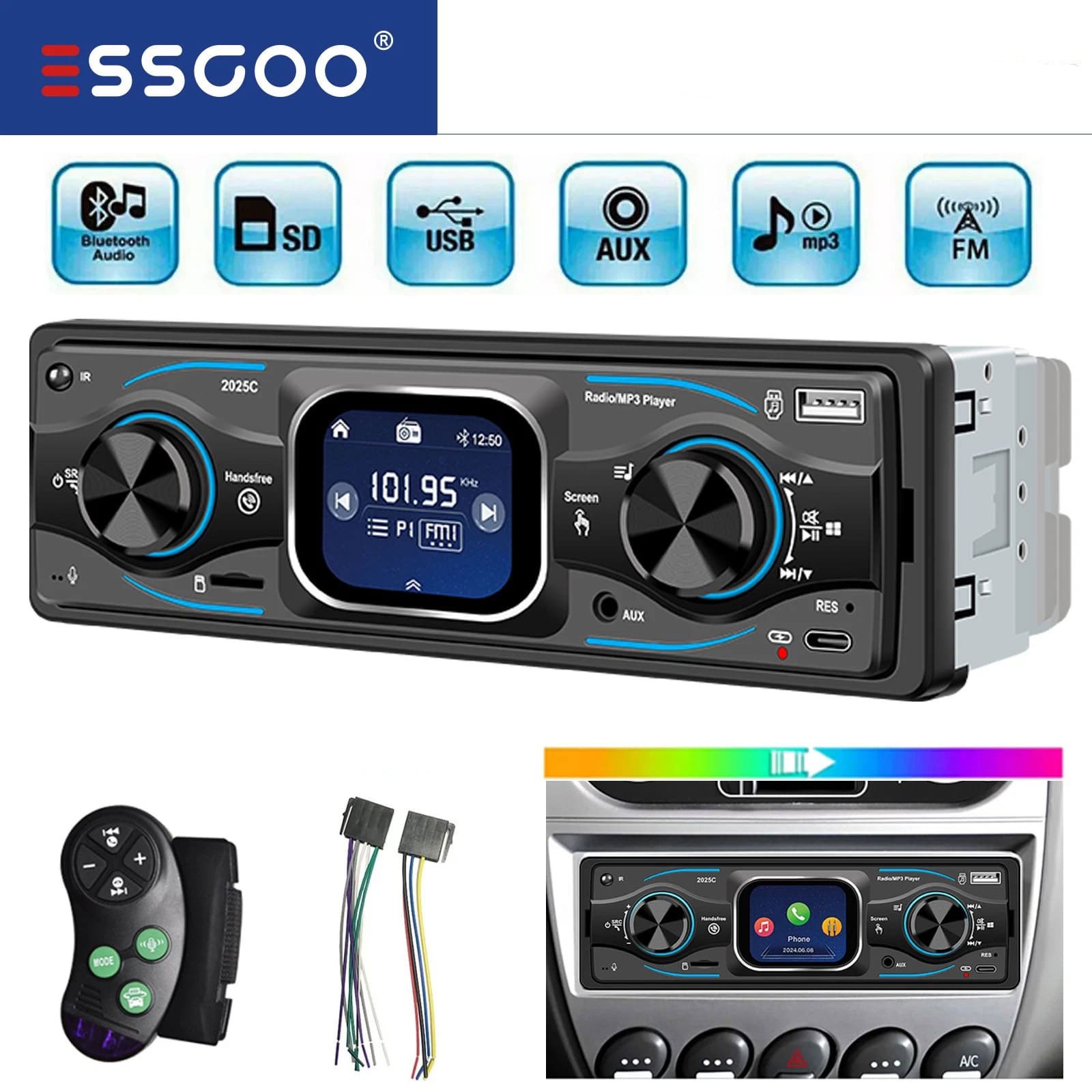 2.2″ 1 DIN Touchscreen 7 Colors Car Stereo Bluetooth 6.0 Hands-free AUX USB SD