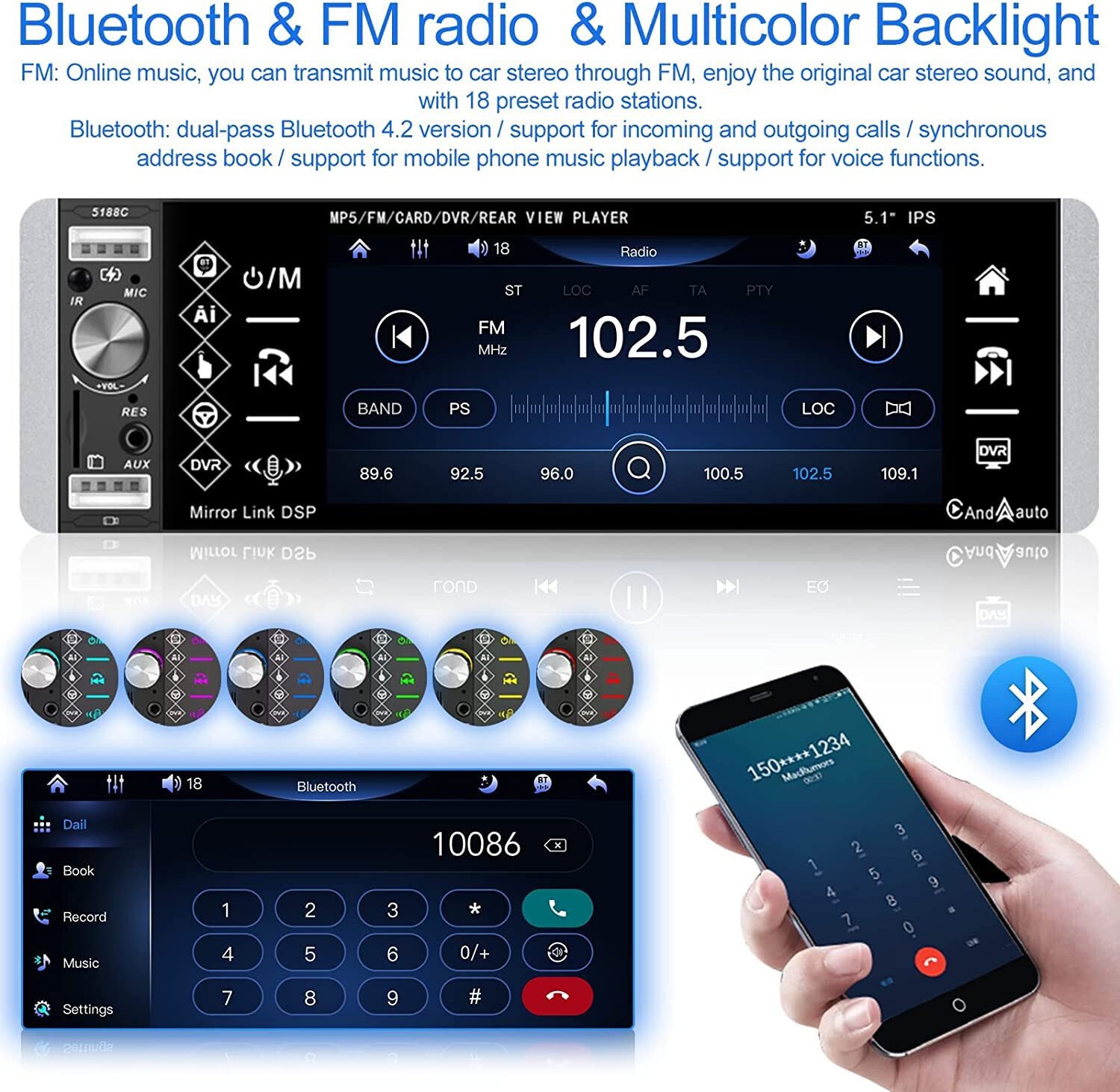 Single Din Car Stereo with Carplay Android Auto 5.1″ IPS Bluetooth Touch Screen