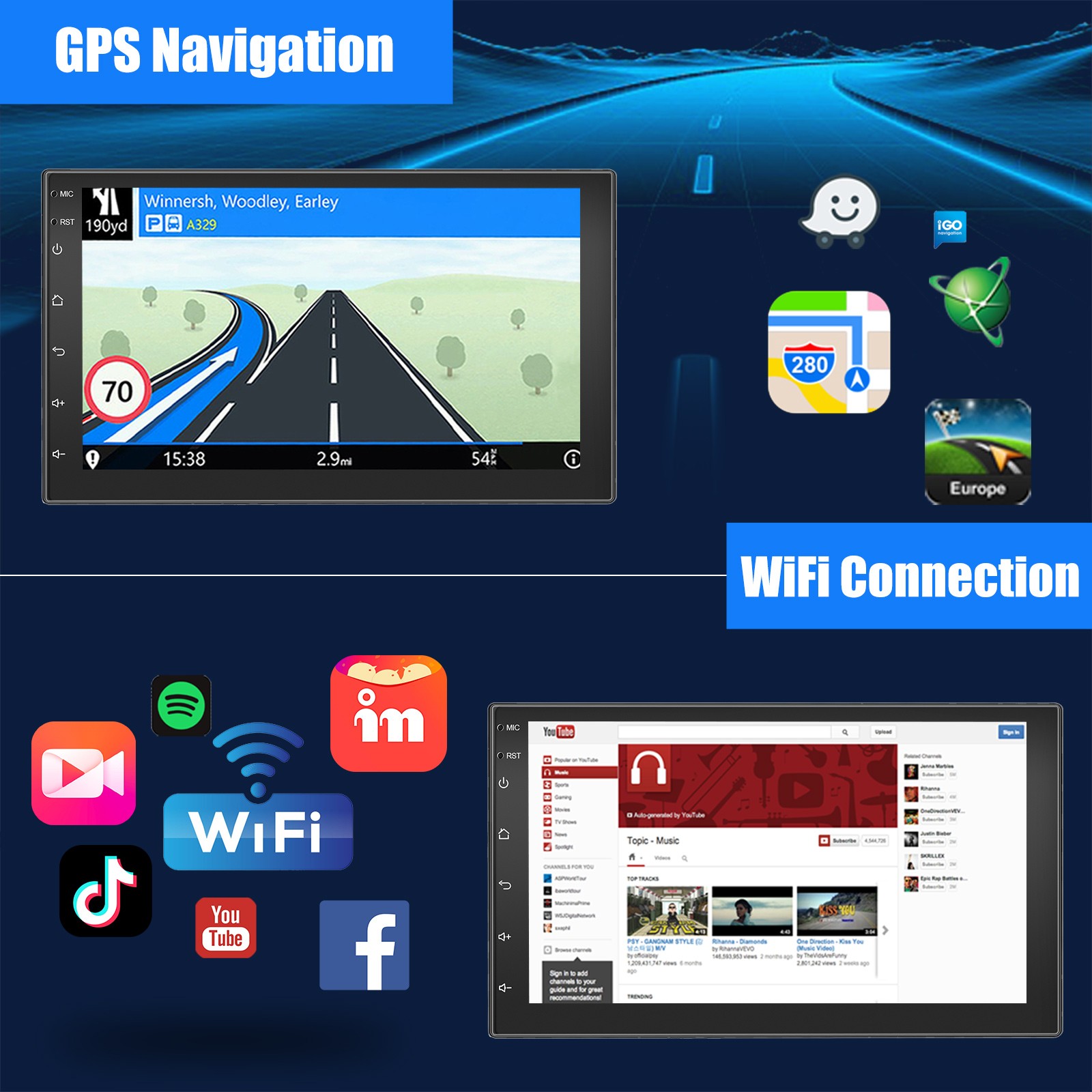 CAM+ 7 Inch 4+64GB Double 2 Din Car Stereo Carplay Android 15 Radio GPS Sat Navi
