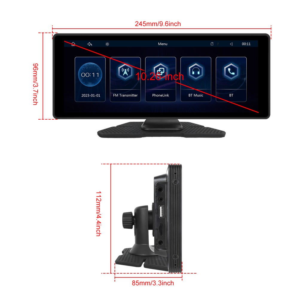10.26″ Touch Screen Wireless Apple Carplay Portable Car Stereo Android Auto Cam
