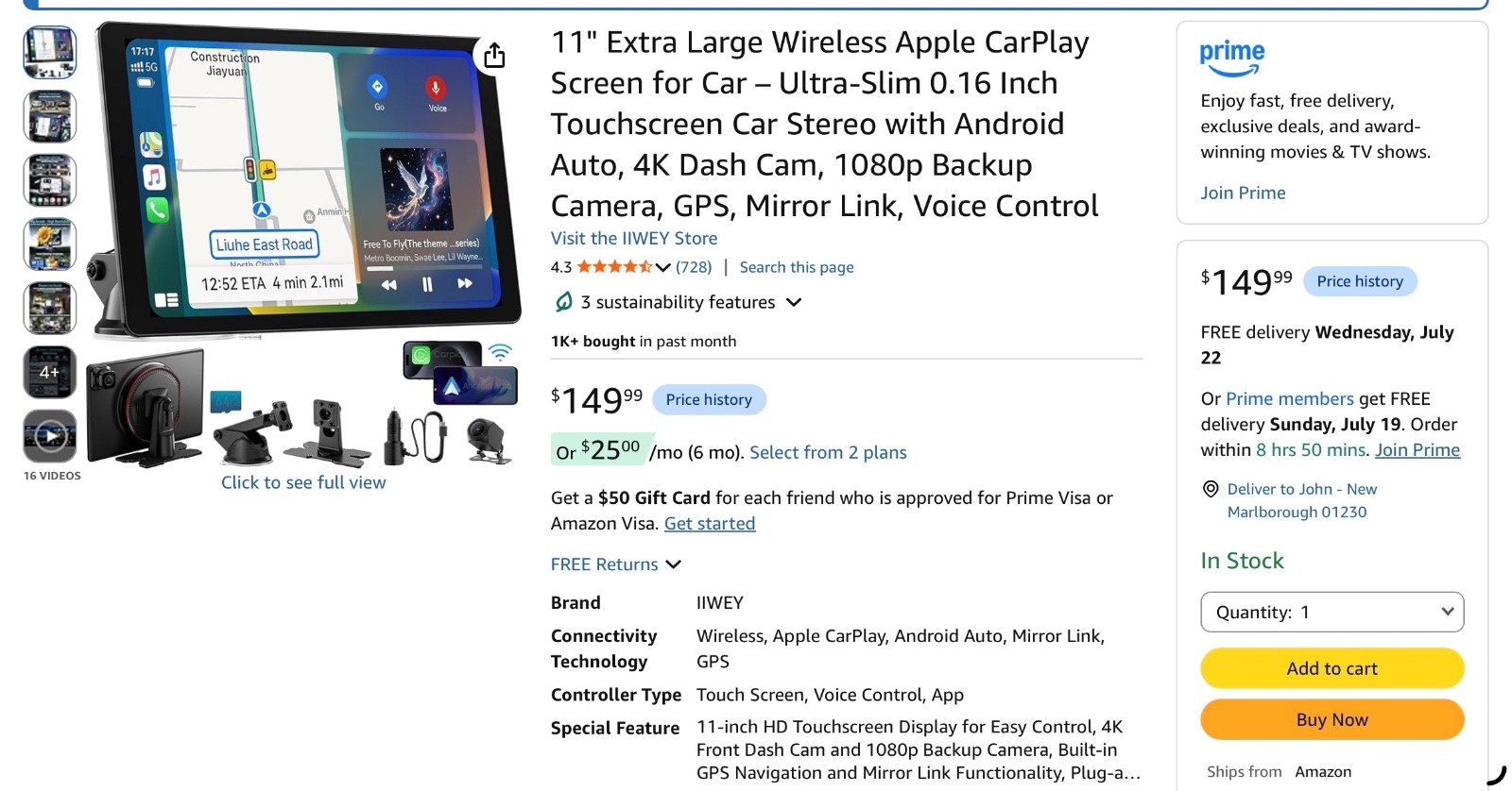 11″ Extra Large Wireless Apple Carplay Screen for Car Ultra-Slim 0.16 Inch NEW
