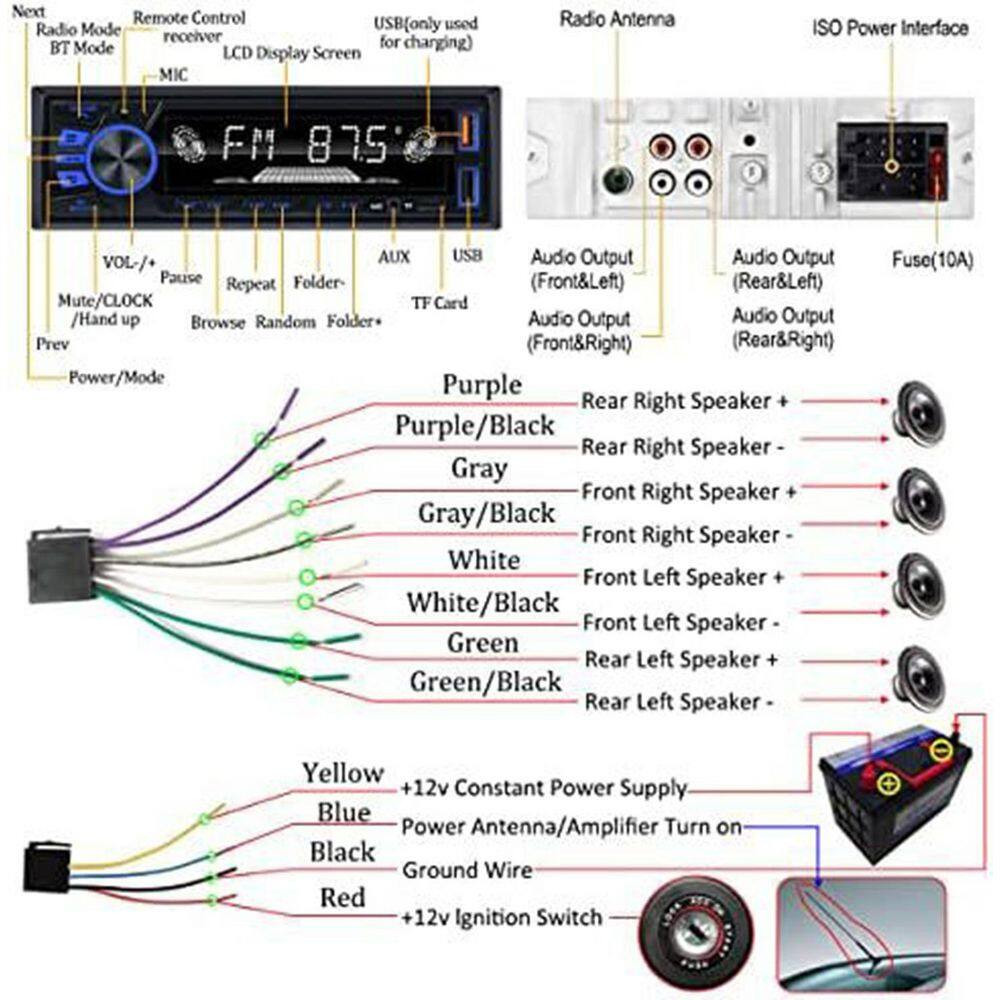 Single DIN Car Stereo Audio Bluetooth FM MP3 SD AUX Dual USB EQ Quick Charge Han