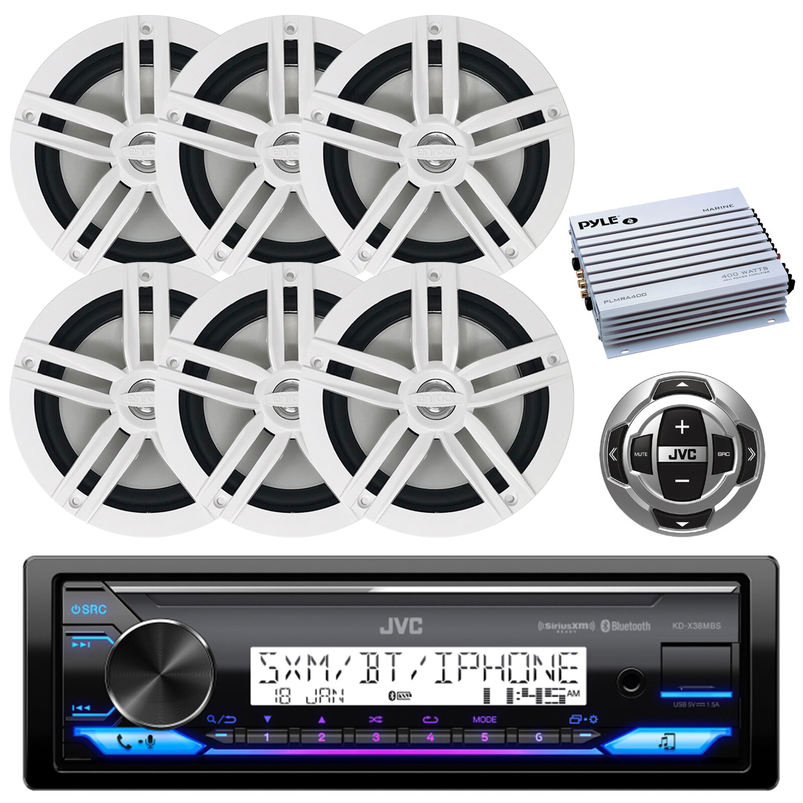 JVC Marine Bluetooth Stereo Receiver, Remote, 6x 6.5″ 180W Speakers, Amplifier