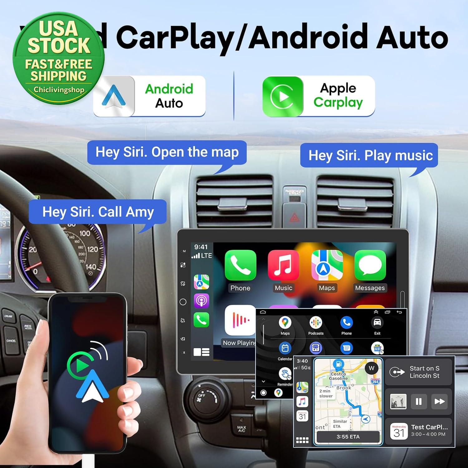 10.1 Inch Single Din Car Stereo Carplay Android Auto Touch Screen Radio Backup
