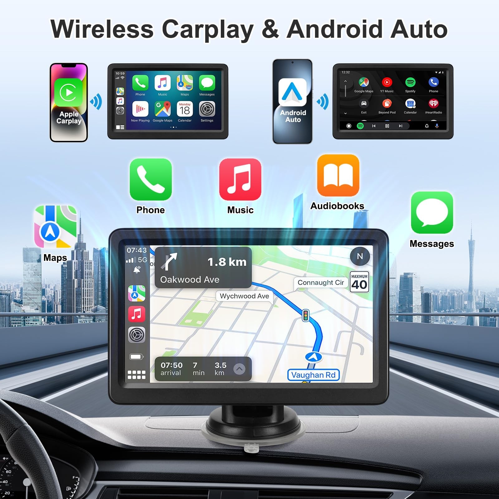 Carplay Screen for Car, 7″ Wireless Carplay & Android Auto, Portable HD