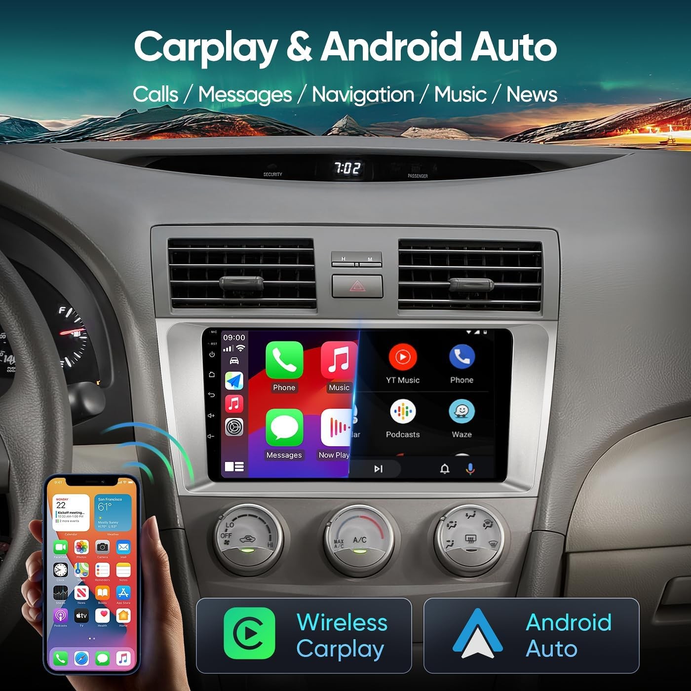 9″ Touchscreen Wireless Carplay Android Auto Stereo for 2007-2011 Toyota Camry