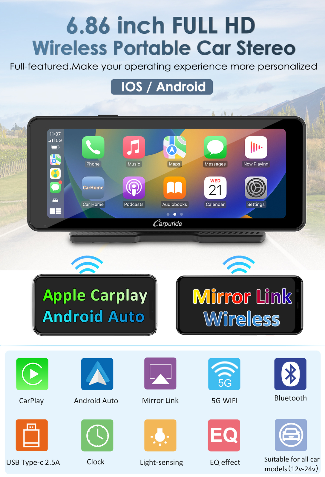 Carpuride W609 Portable Carplay Android Auto Multimedia Dashboard Console AUX FM