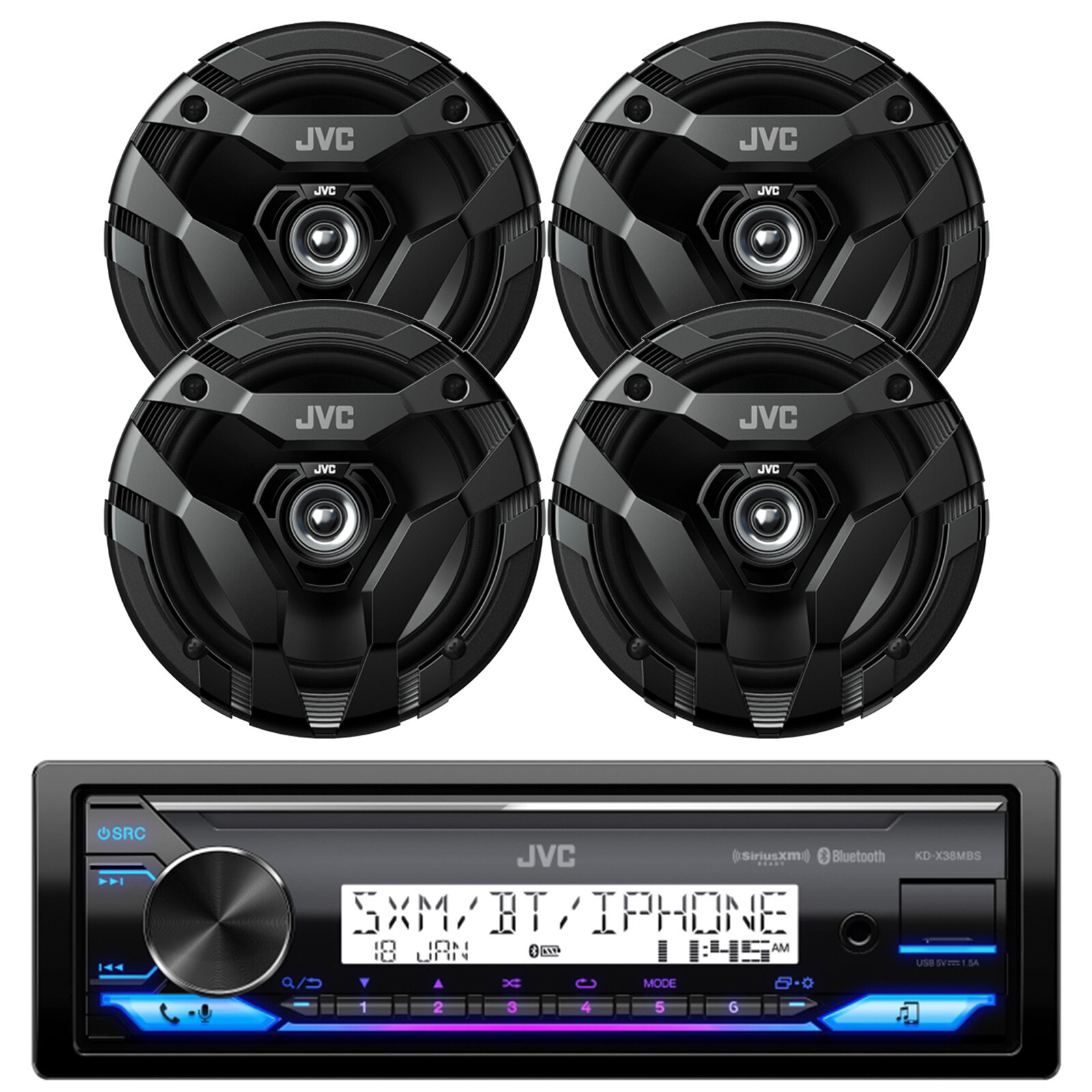 JVC Marine USB Bluetooth Receiver, 4x 6.5″ 2-Way 300 Watt Max Car Audio Speakers