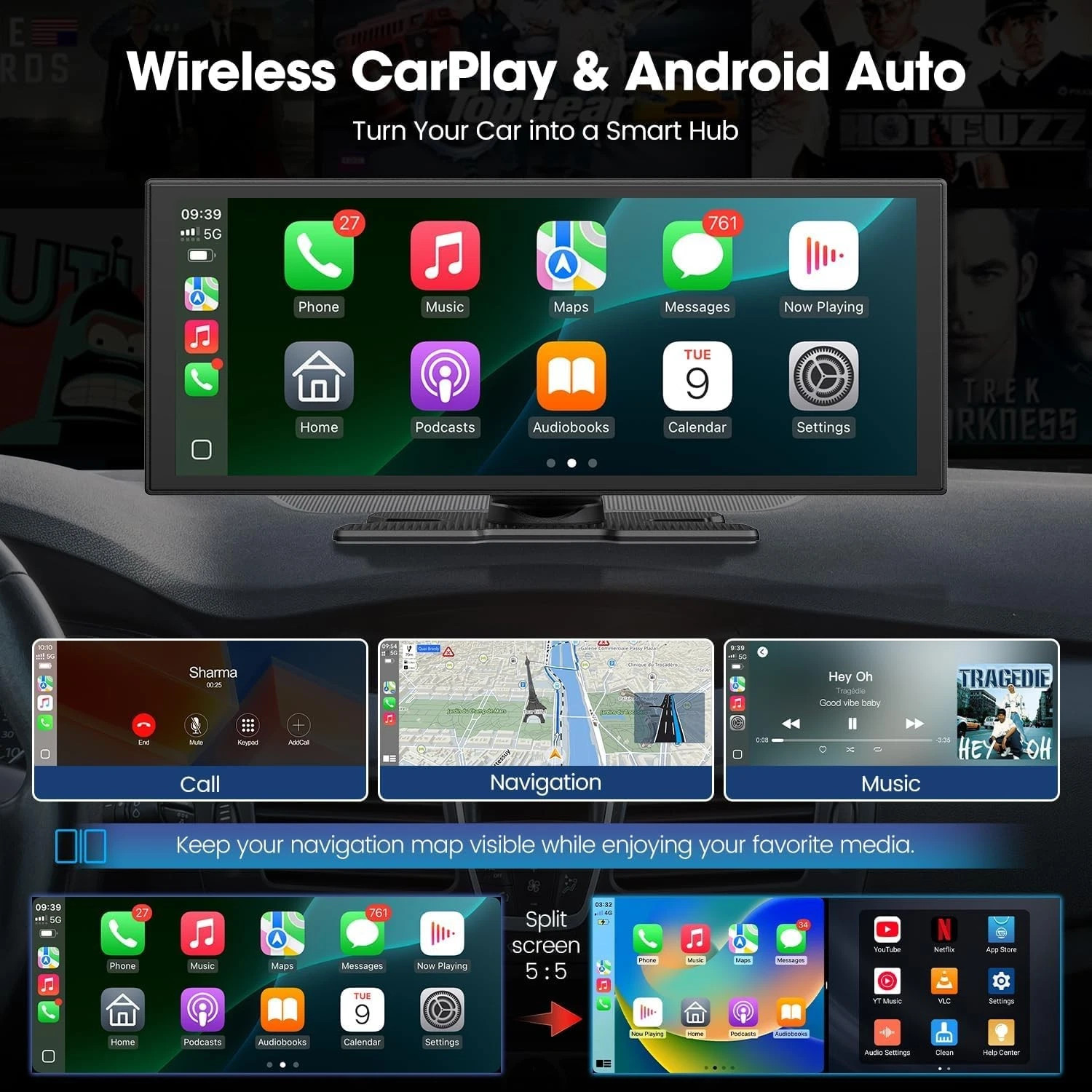11″ Carplay Screen Wireless AI Video BOX with Net-Flix YouTube +Rear Camera