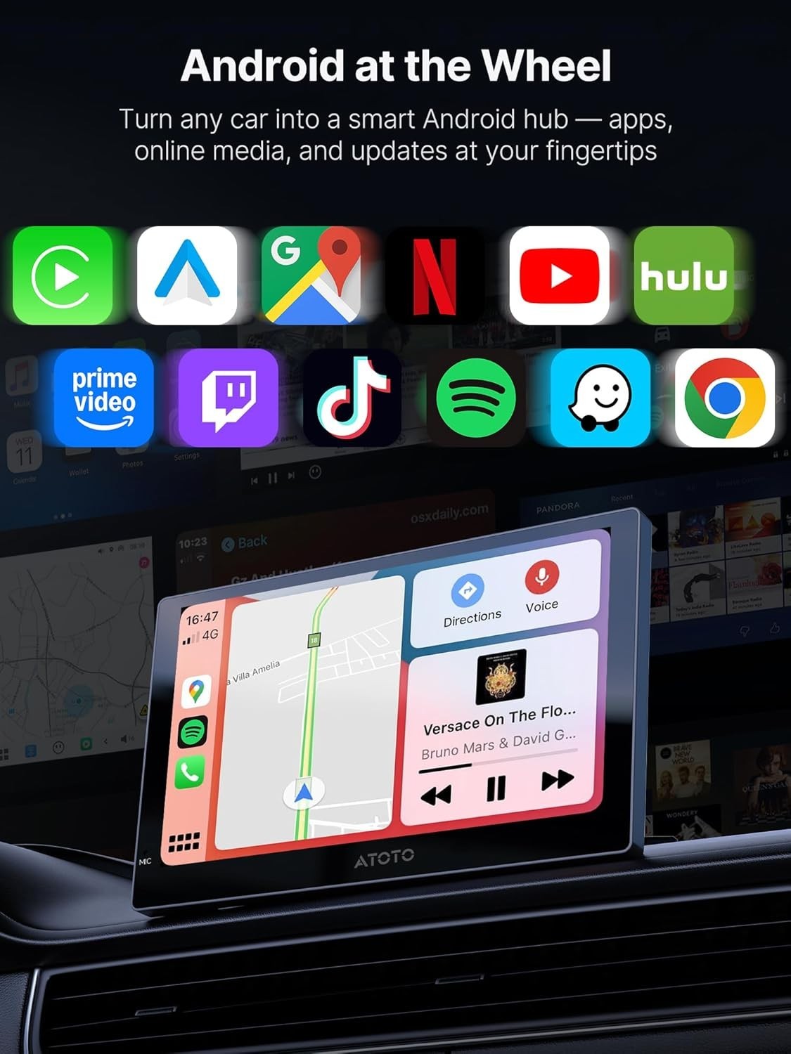 AI Protable Screen 9 QLED Car Display WL Head Unit, 4G LTE Dual-BT AI Voice Das