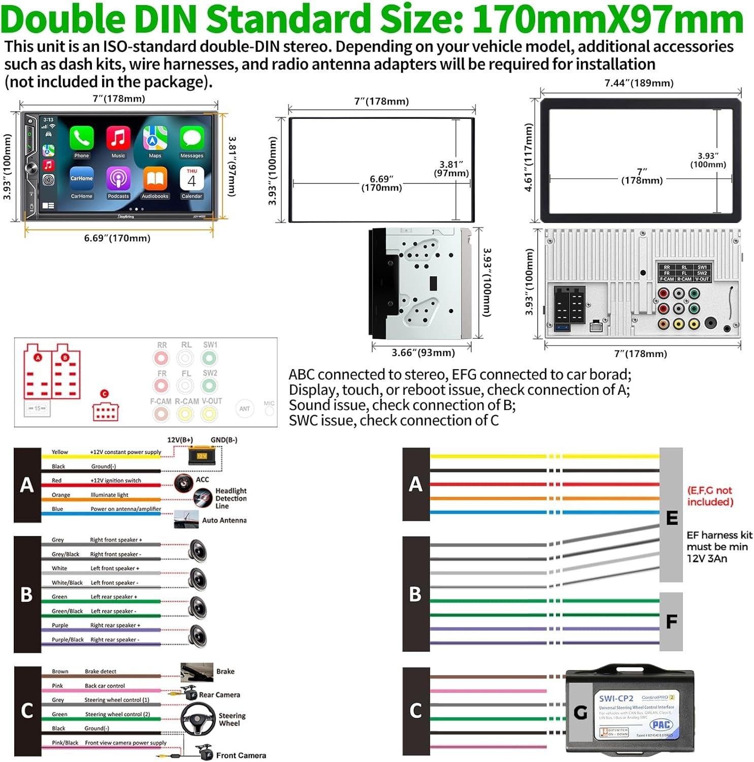 7″ Double Din Car Stereo QLED Wireless Apple CarPlay Android Auto 240W Dash &