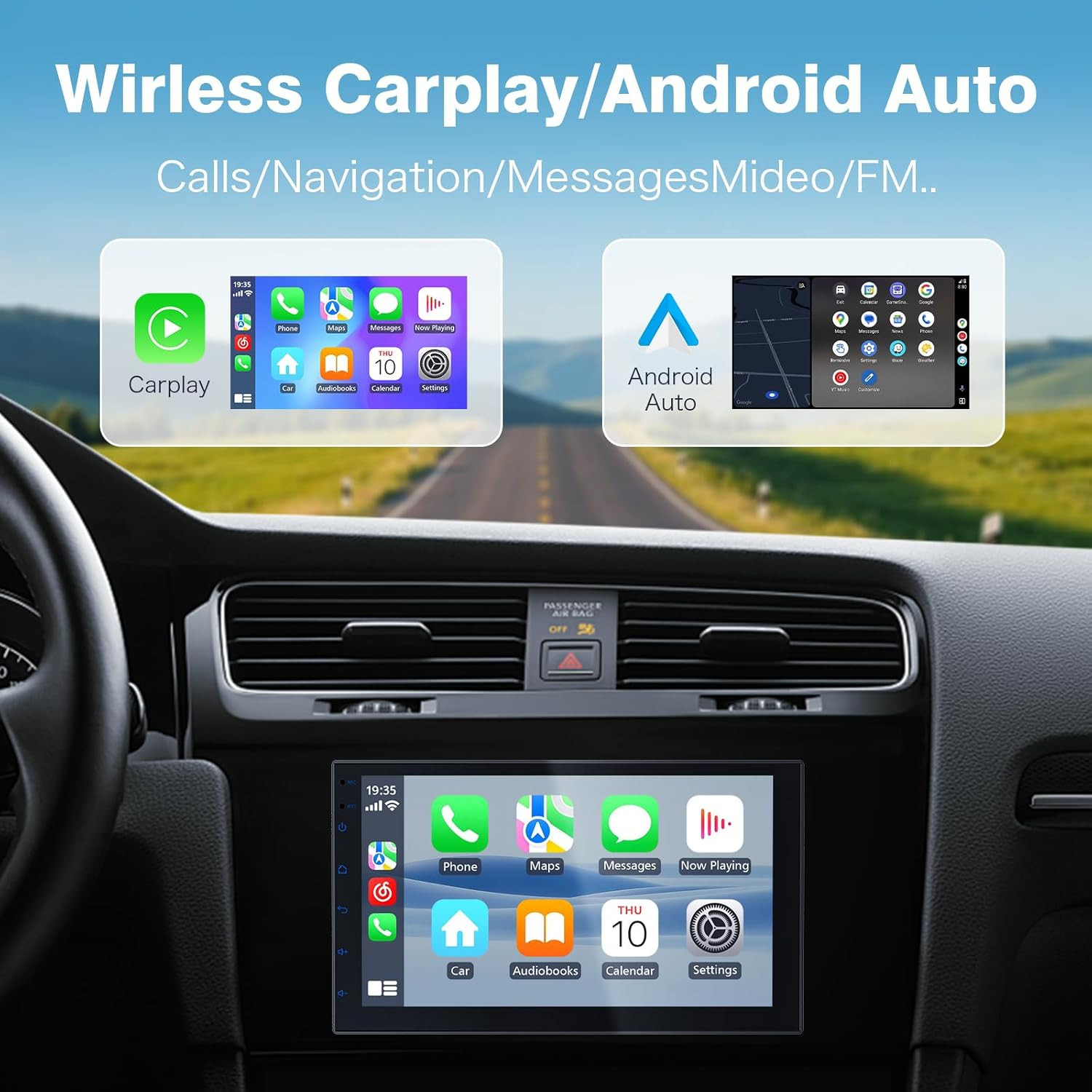 Double Din Wireless Carplay Screen for Car, 7″ HD Touchscreen with Apple Carplay