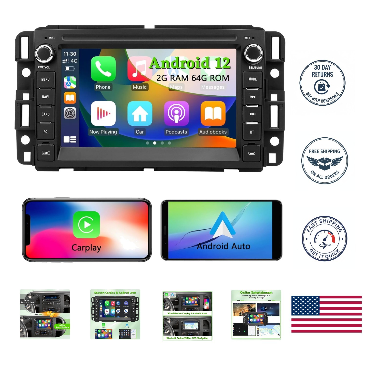 7 Inch Android 12 Car Radio for Chevrolet with Built-in GPS & CarPlay